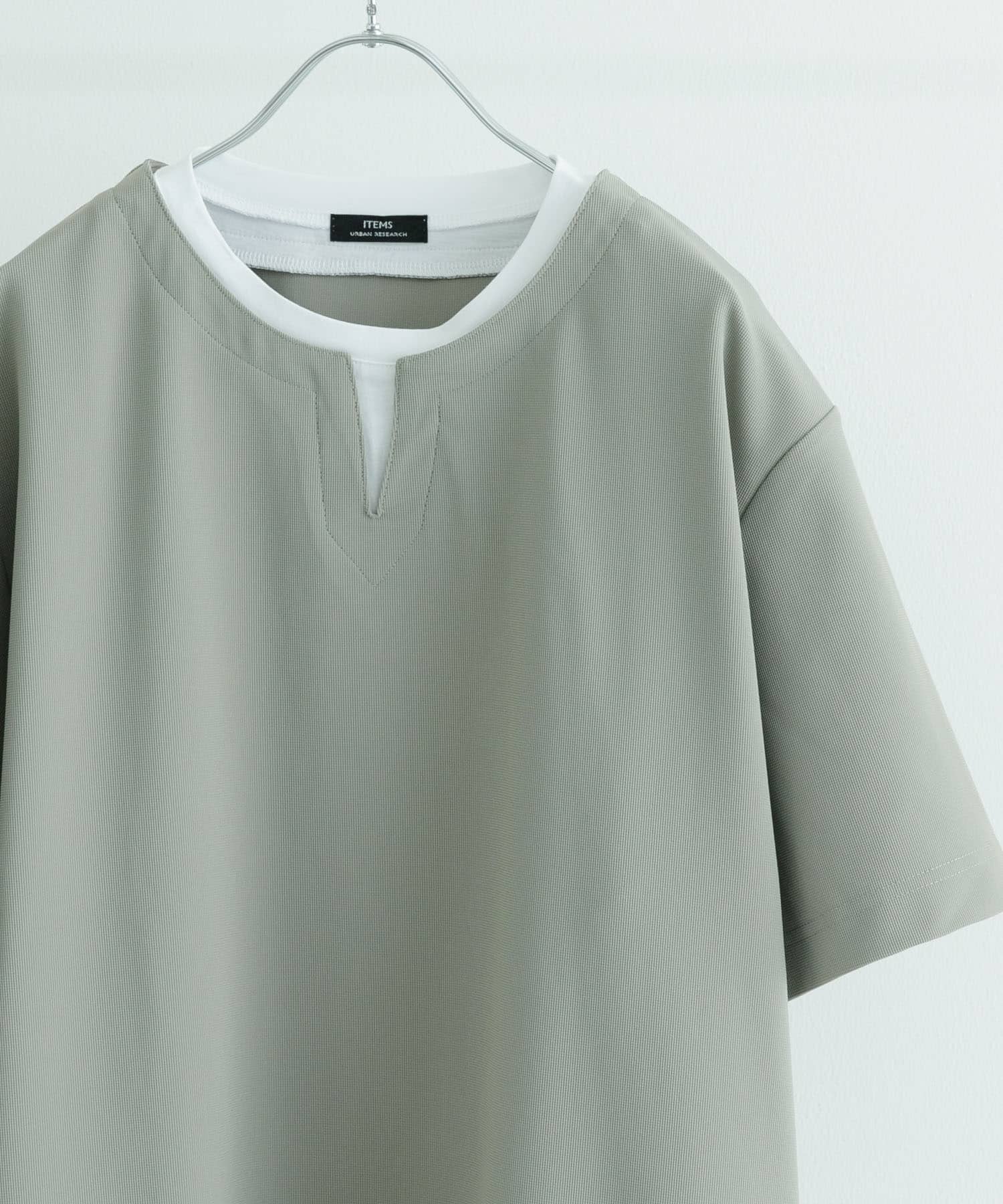 『イージーケア/吸水速乾』高機能ワッフル フェイクレイヤーキーネックTシャツ