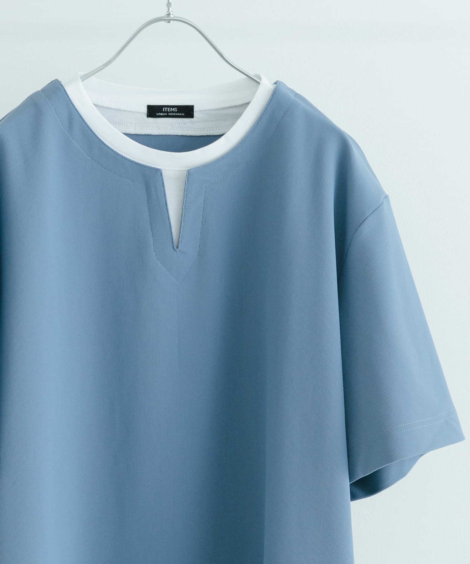 『イージーケア/吸水速乾』高機能ワッフル フェイクレイヤーキーネックTシャツ BLU M