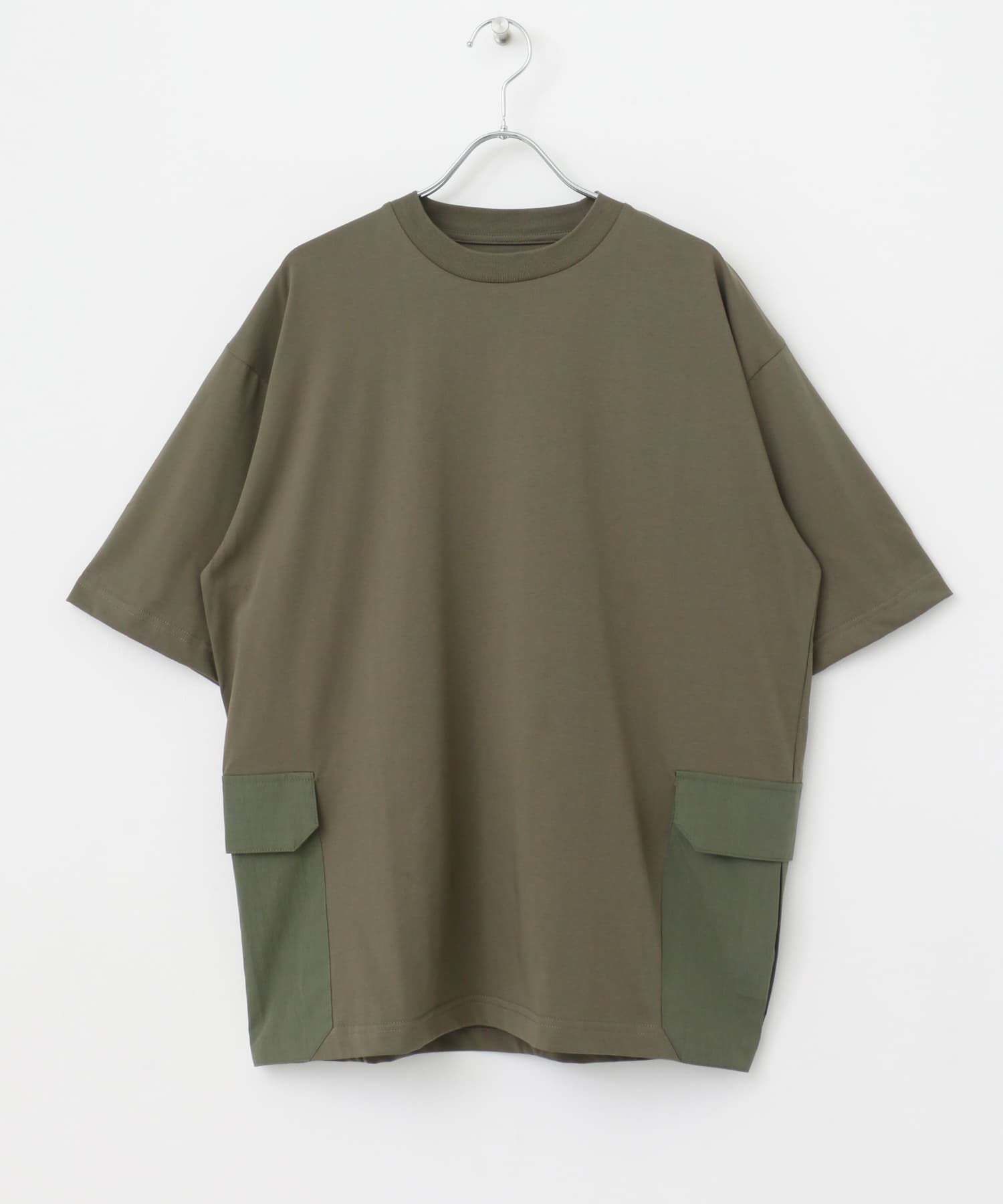 『XLサイズあり』サイドポケットキリカエ クルーネックTシャツ KHK M