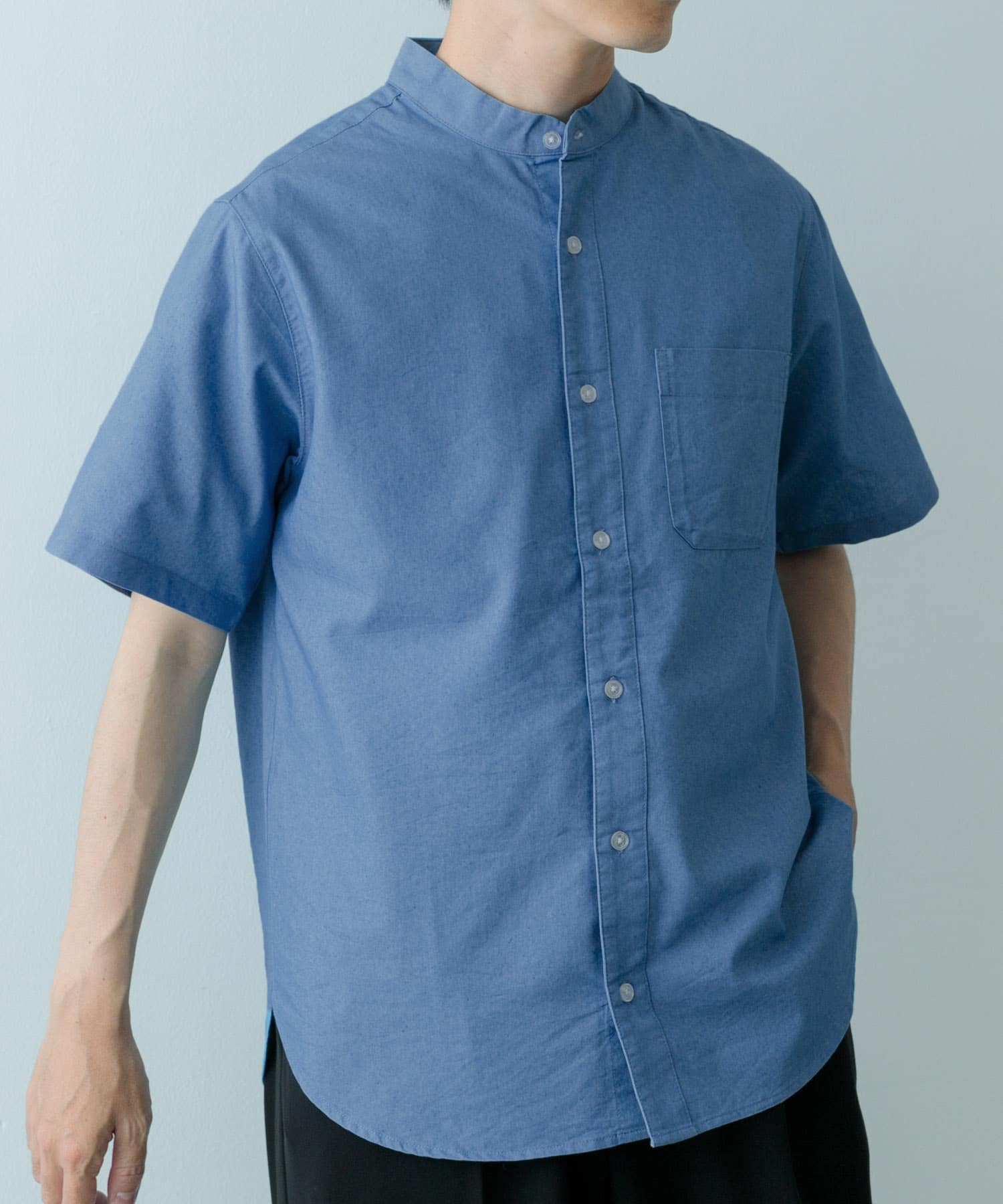 TCインディゴ バンドカラー半袖シャツ