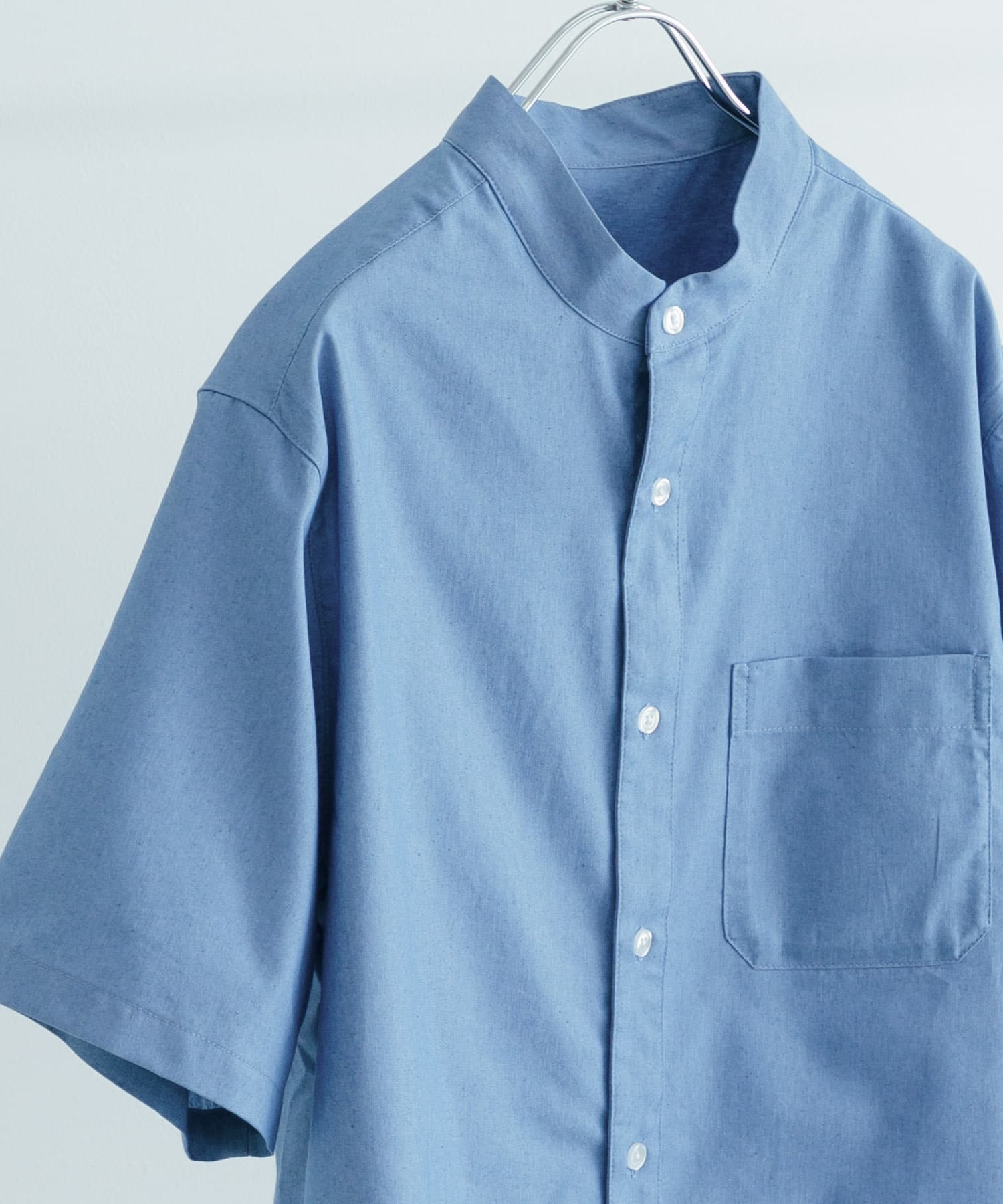 TCインディゴ バンドカラー半袖シャツ L.BLUE M