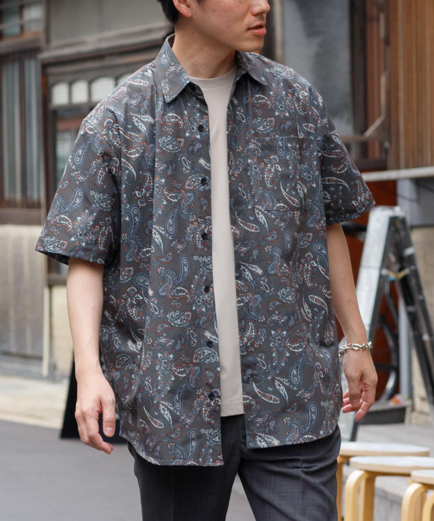 【ブラック】パッチワーク メッシュ 半袖シャツ セットアップ対応】フィブリル パッチワーク 半袖シャツ｜DESIGNWORKS
