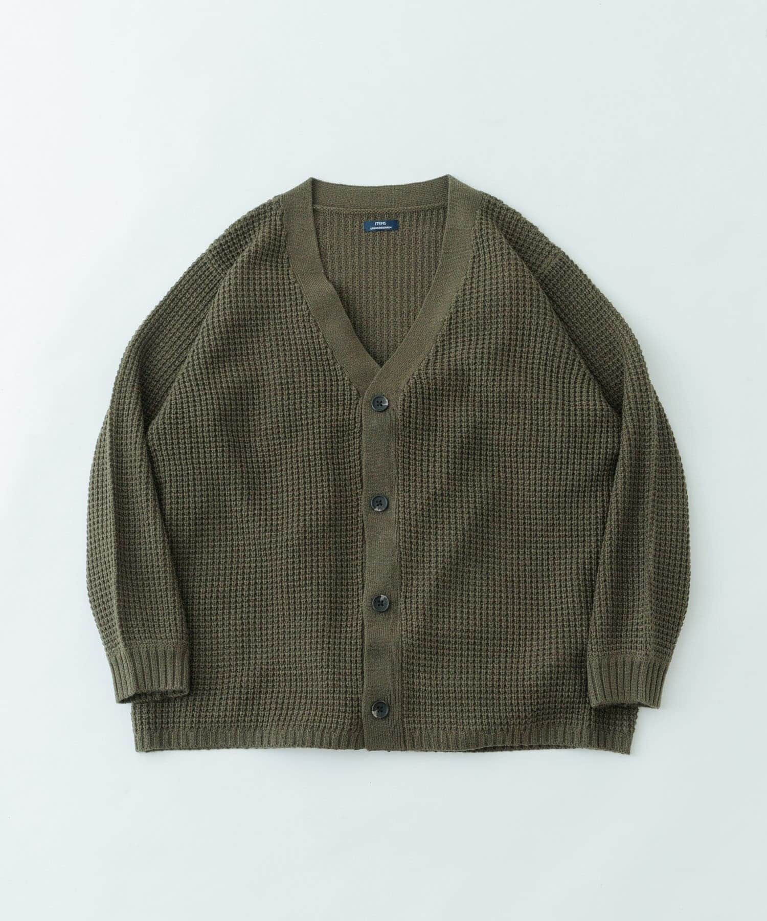 ワッフル編み Vネックニットカーディガン OLV S