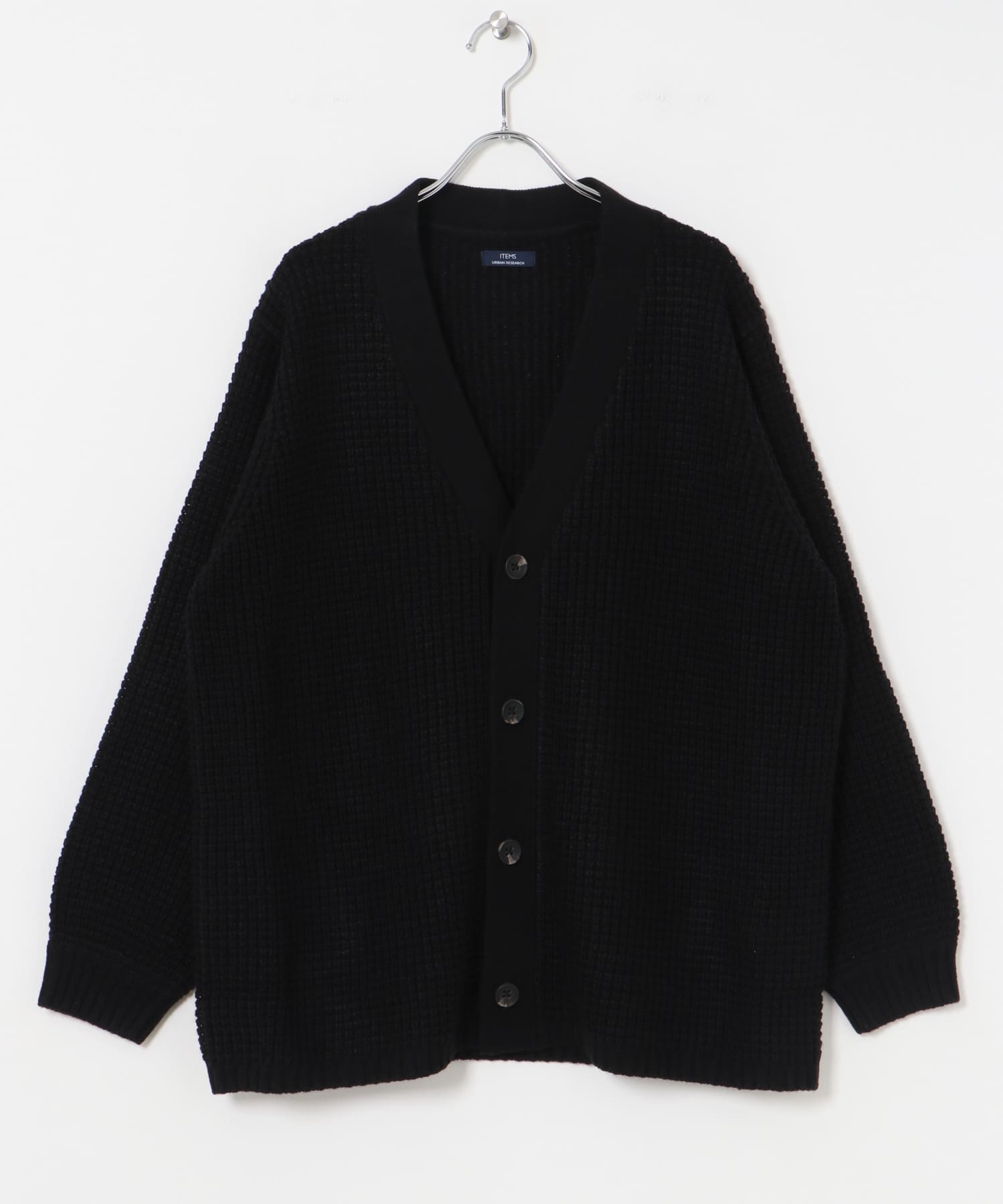 ワッフル編み Vネックニットカーディガン BLK S