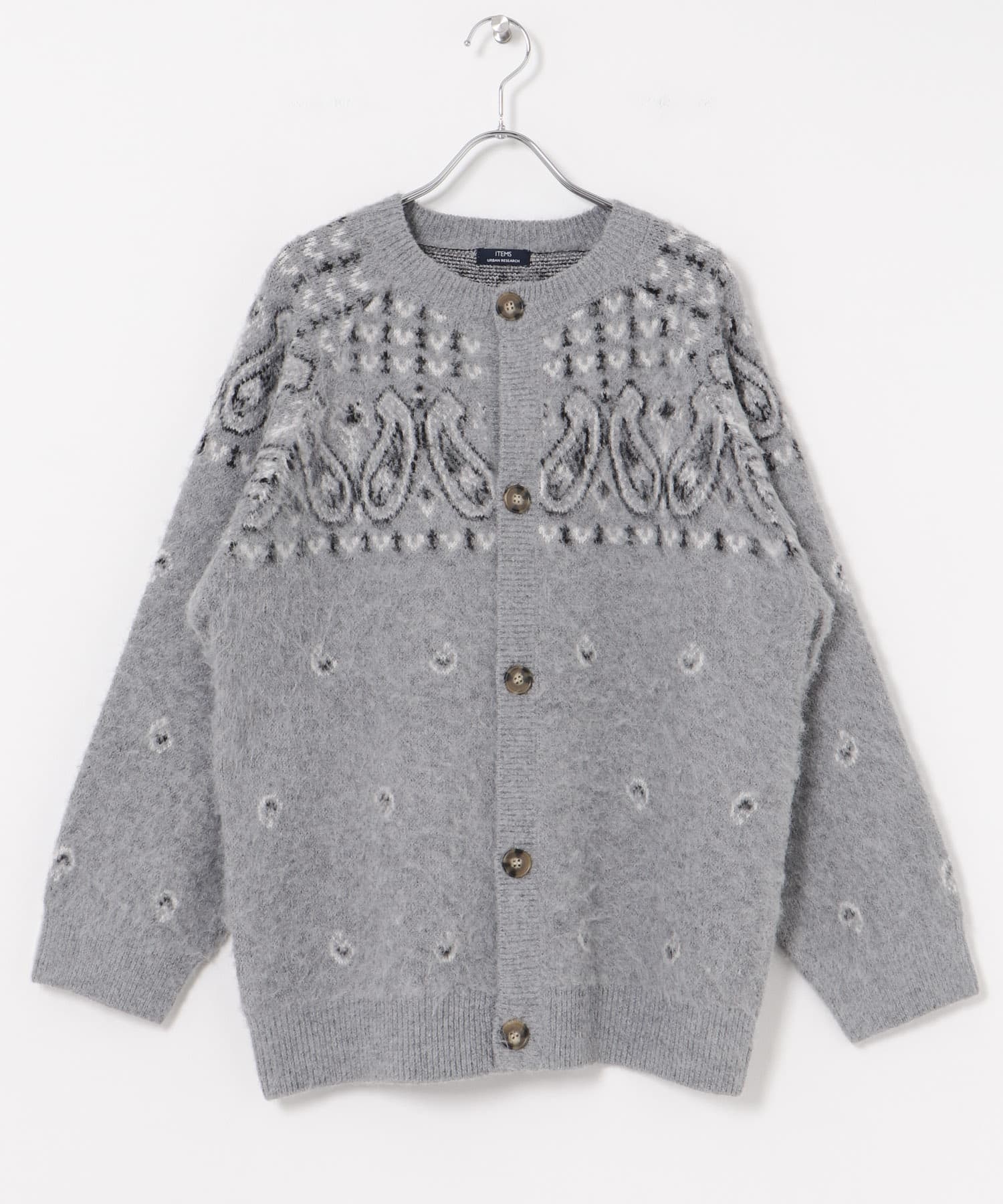 ペイズリージャガード クルーネックカーディガン GRY M
