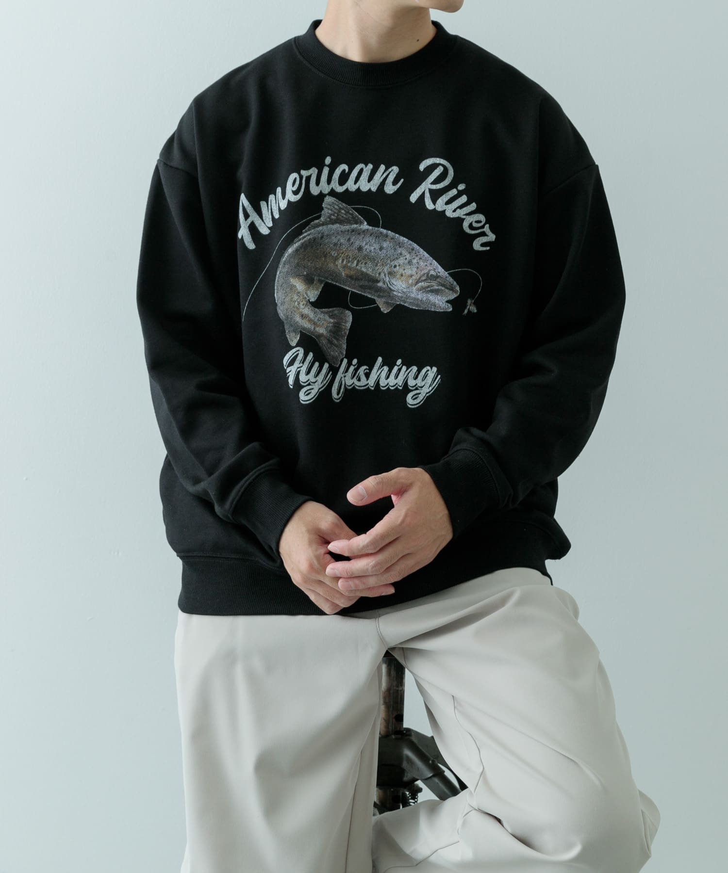 クルーネックスエット fishing BLK M