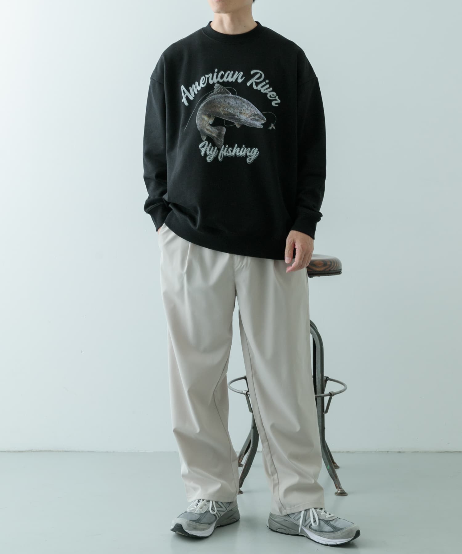クルーネックスエット fishing BLK M