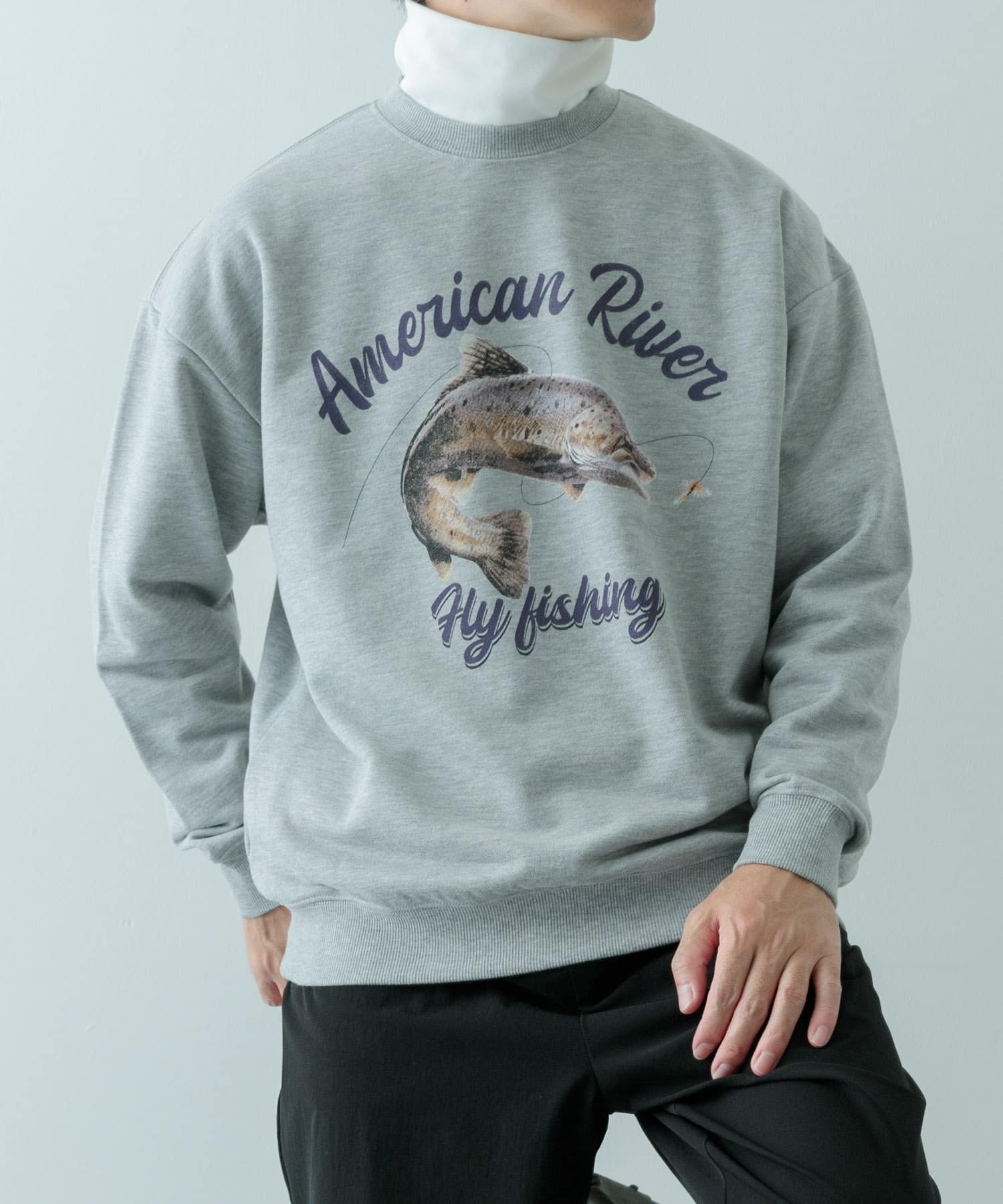 クルーネックスエット fishing GRY M
