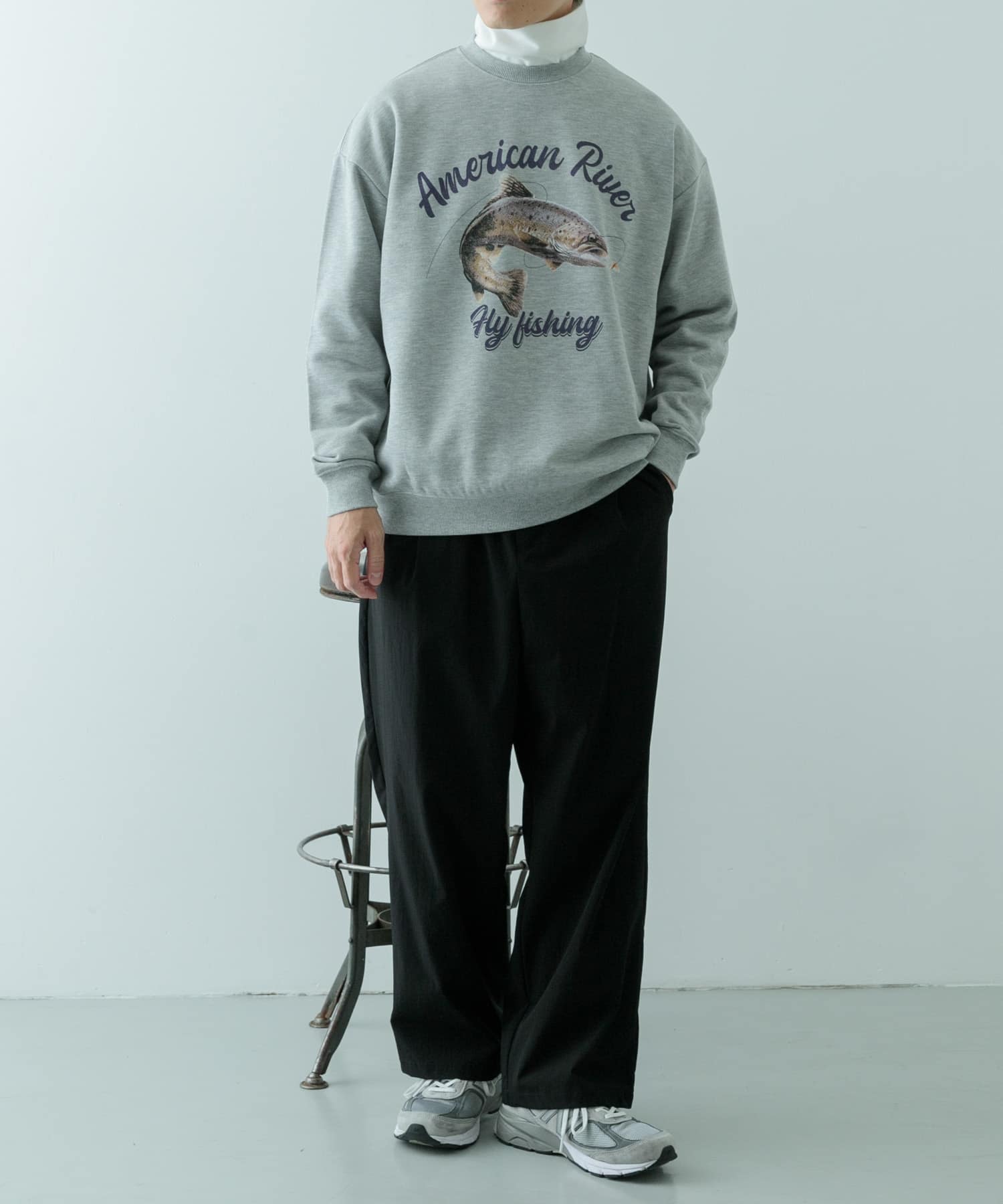 クルーネックスエット fishing GRY M