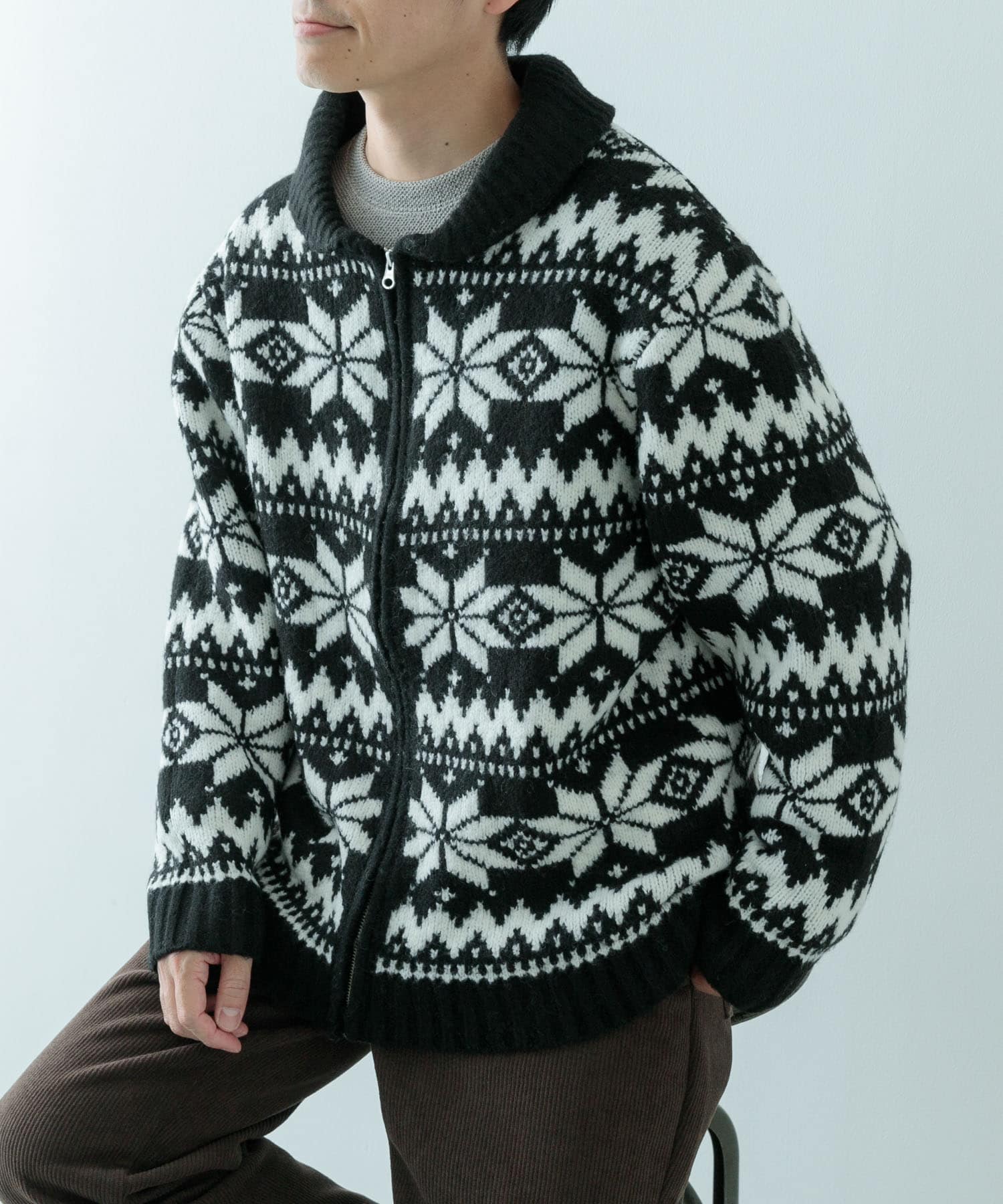 カウチン ジップアップ ニットジャケット(M BLK): トップス