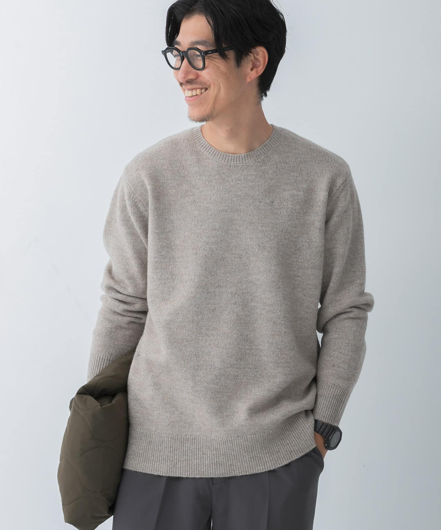 ウール混 クルーネック ニット BEG M