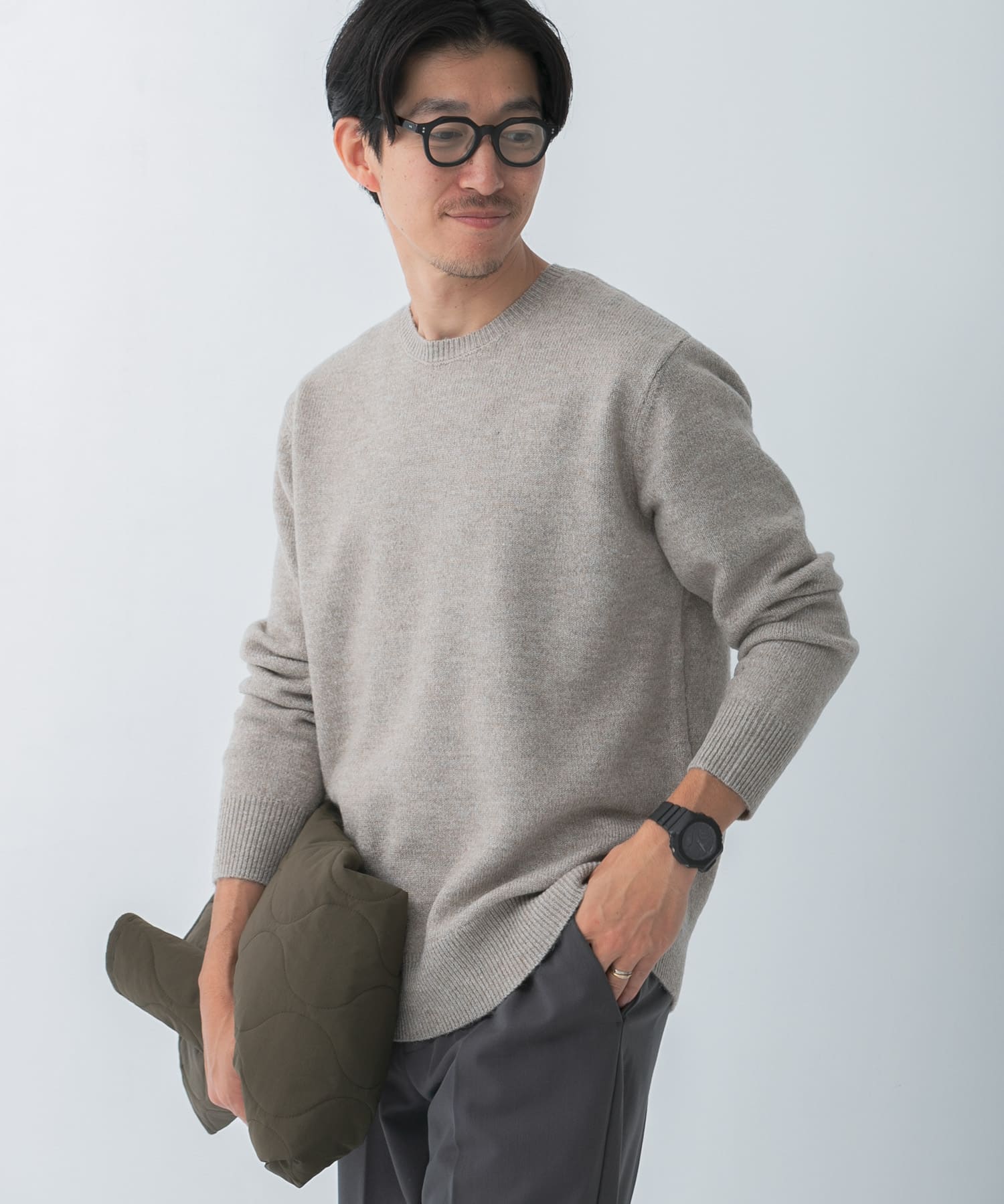 ウール混 クルーネック ニット BEG M
