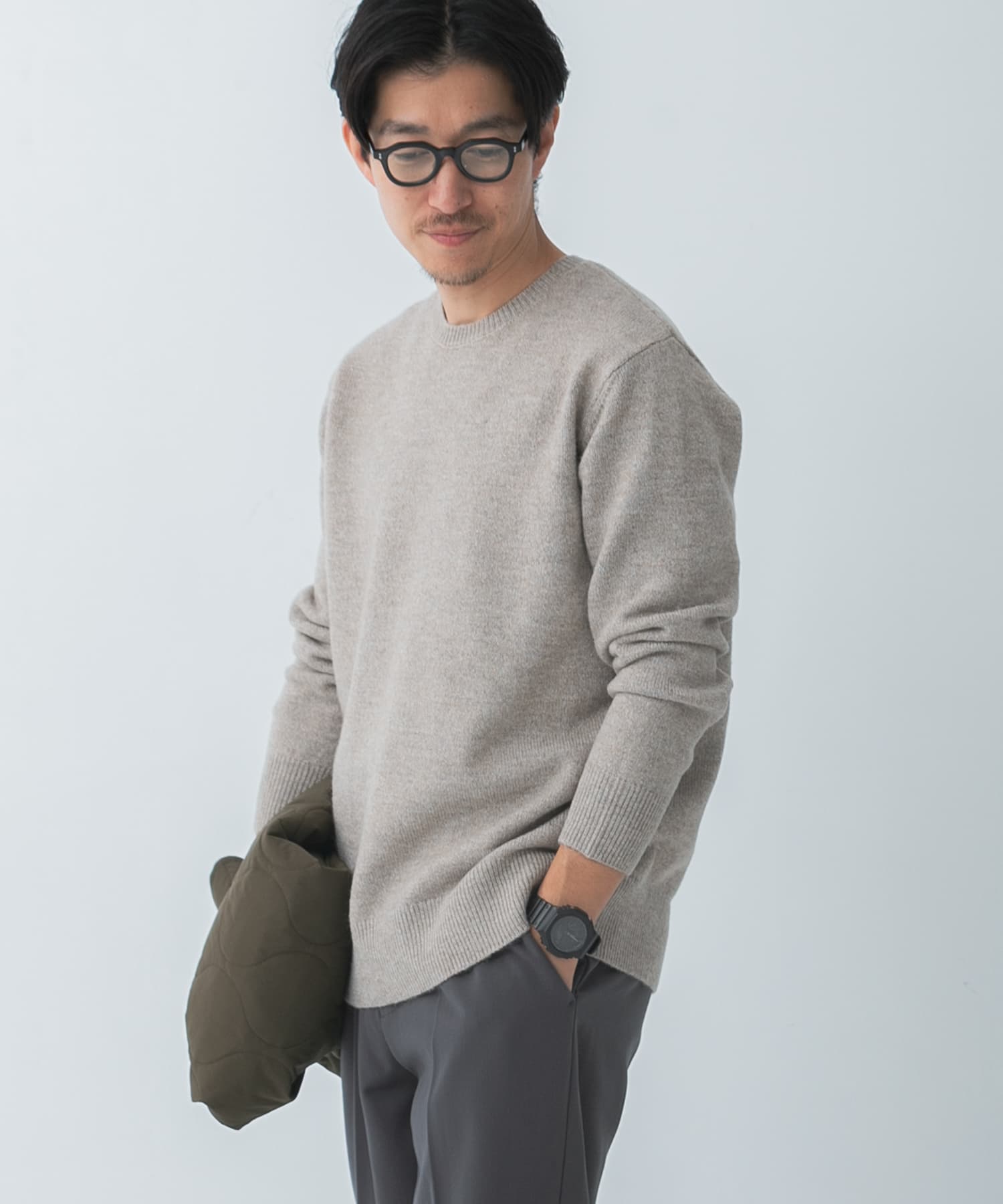 ウール混 クルーネック ニット BEG M