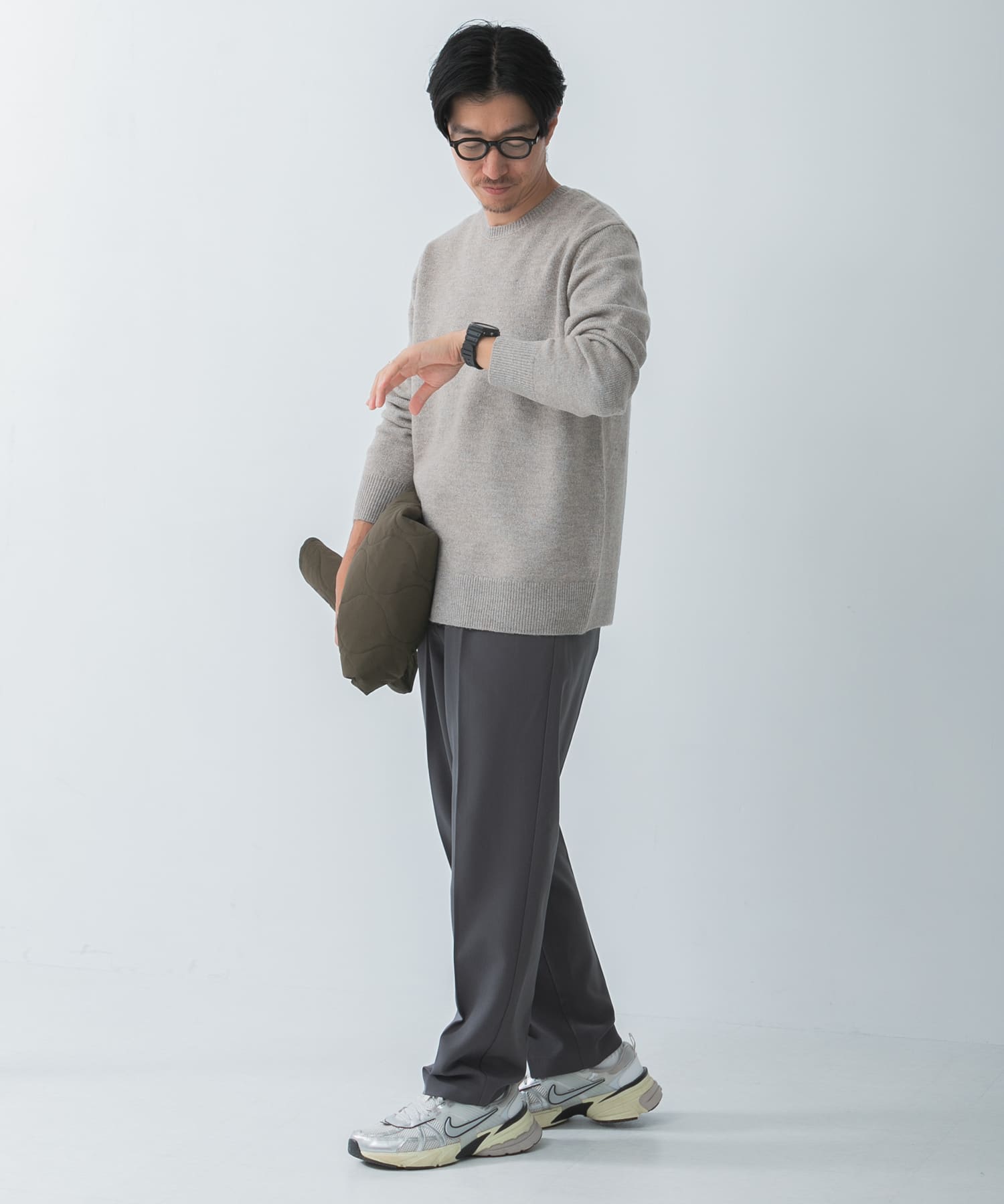 ウール混 クルーネック ニット BEG M