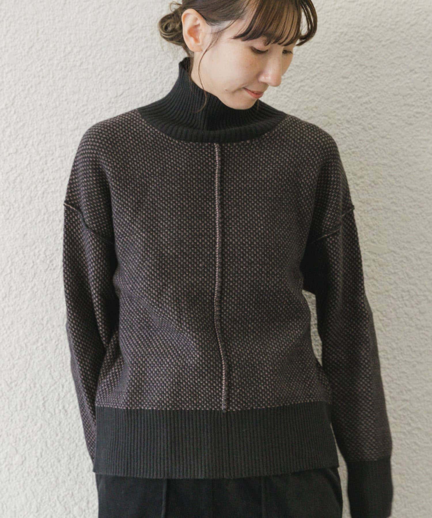 ハイネックワイドニット MOC×BLK FREE