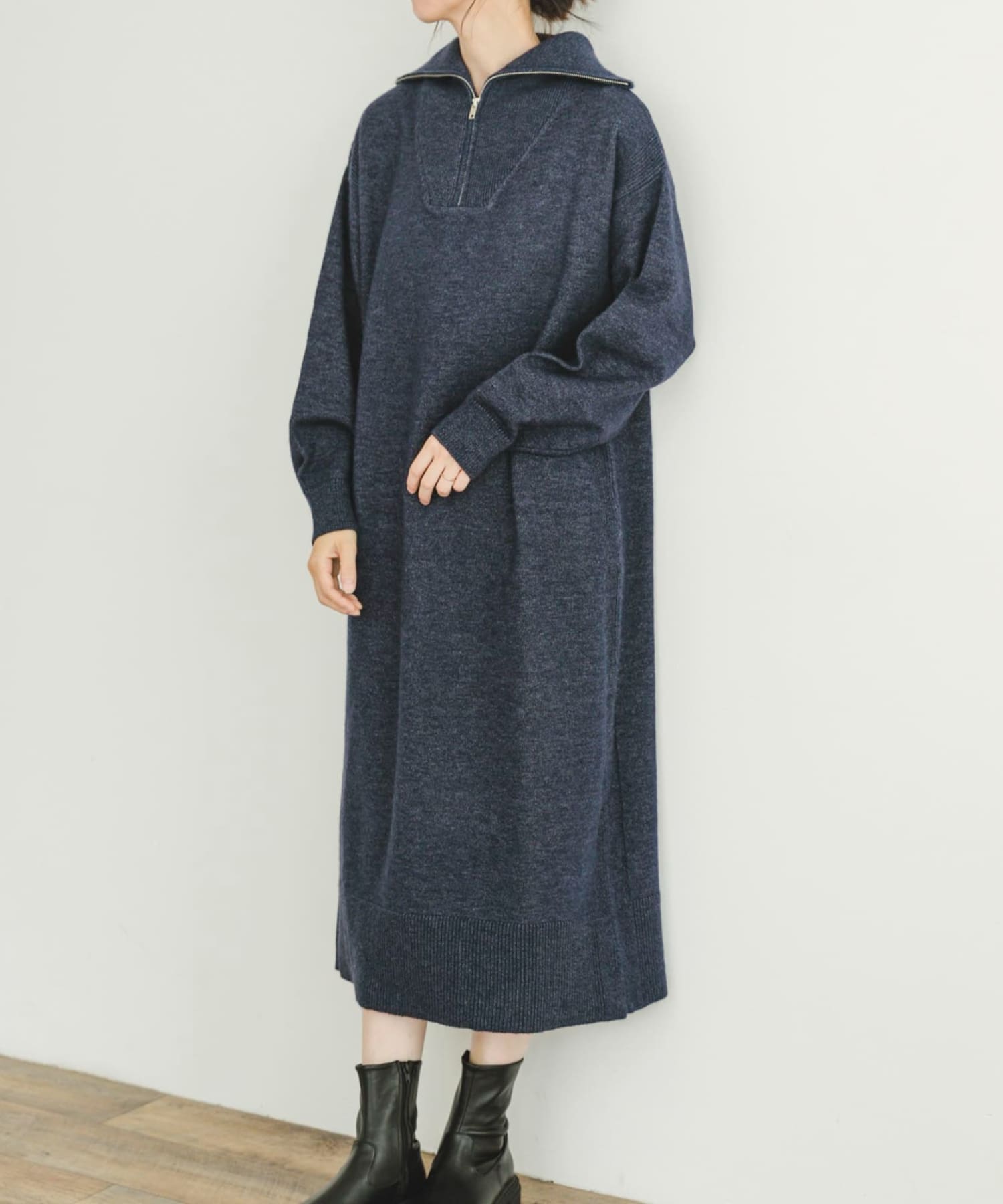 ハーフジップニットワンピース NVY FREE