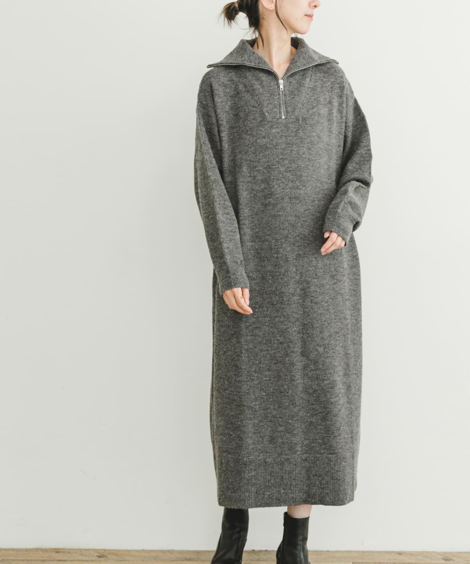 ハーフジップニットワンピース GRY FREE