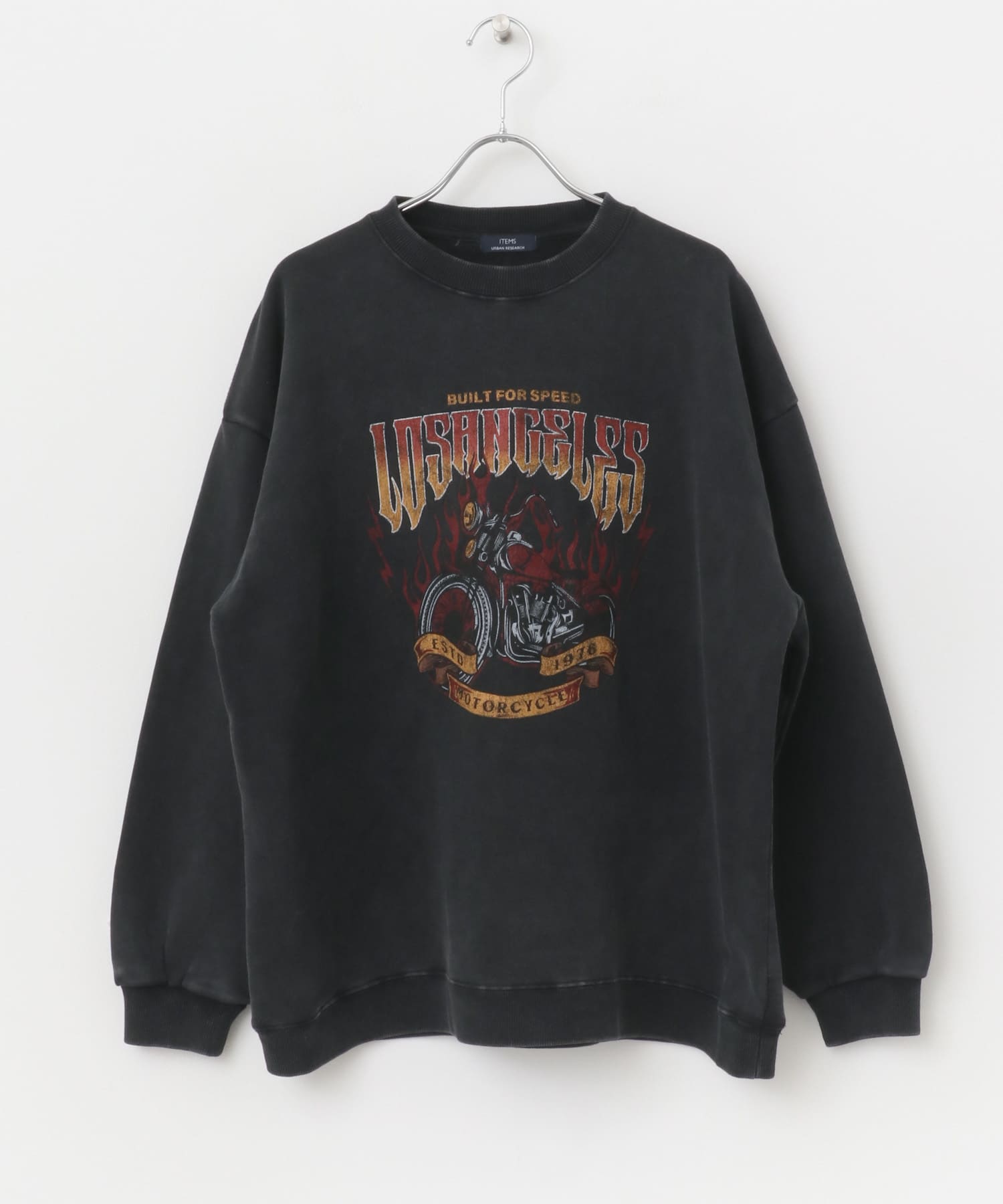 『XLサイズあり』パウダー加工 クルーネックスウェットプルオーバー MotorCycle M