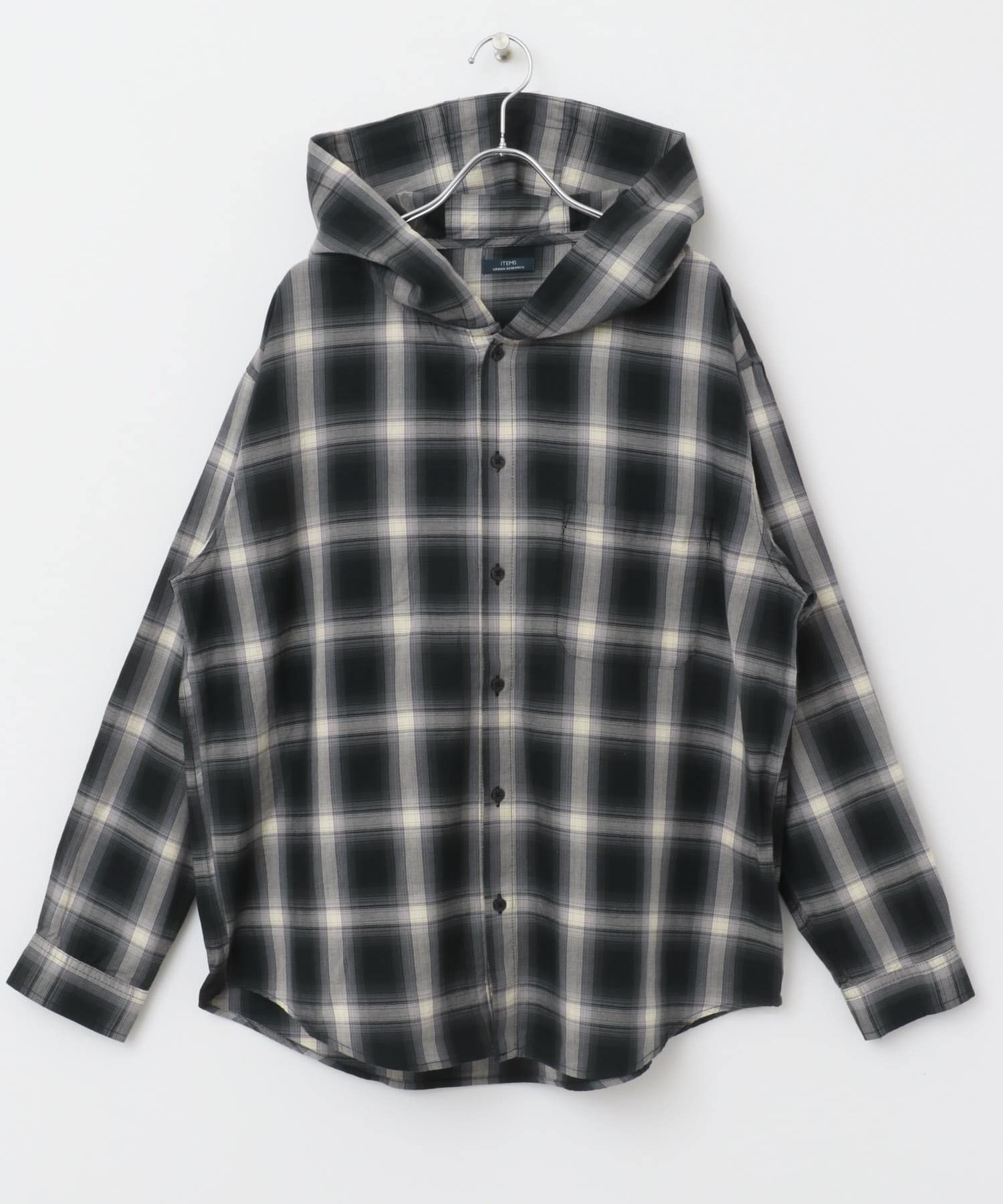 オンブレチェック シャツパーカー BLK M