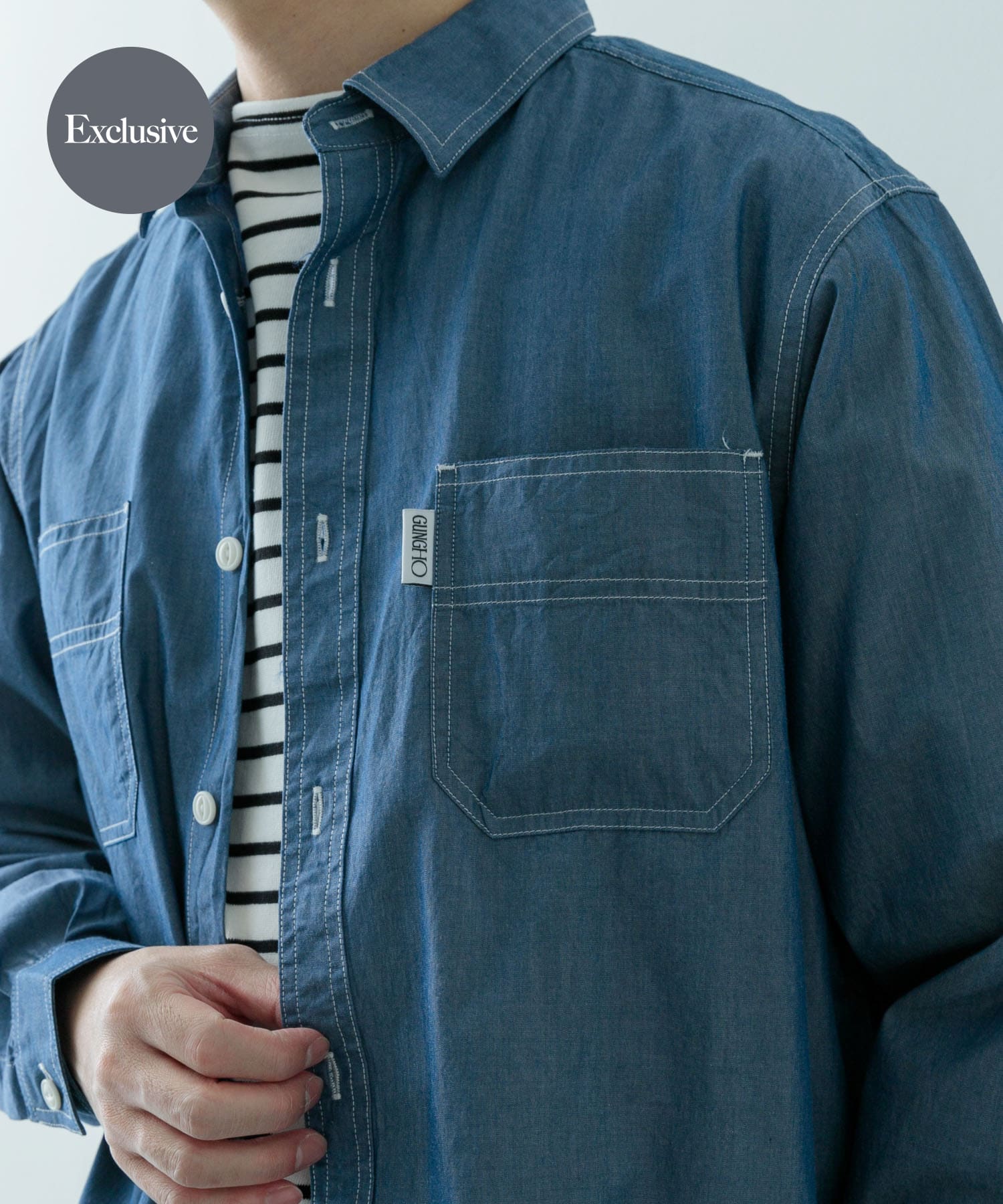 別注』GUNGHO×ITEMS シャンブレーワークシャツ(M BLU): トップス