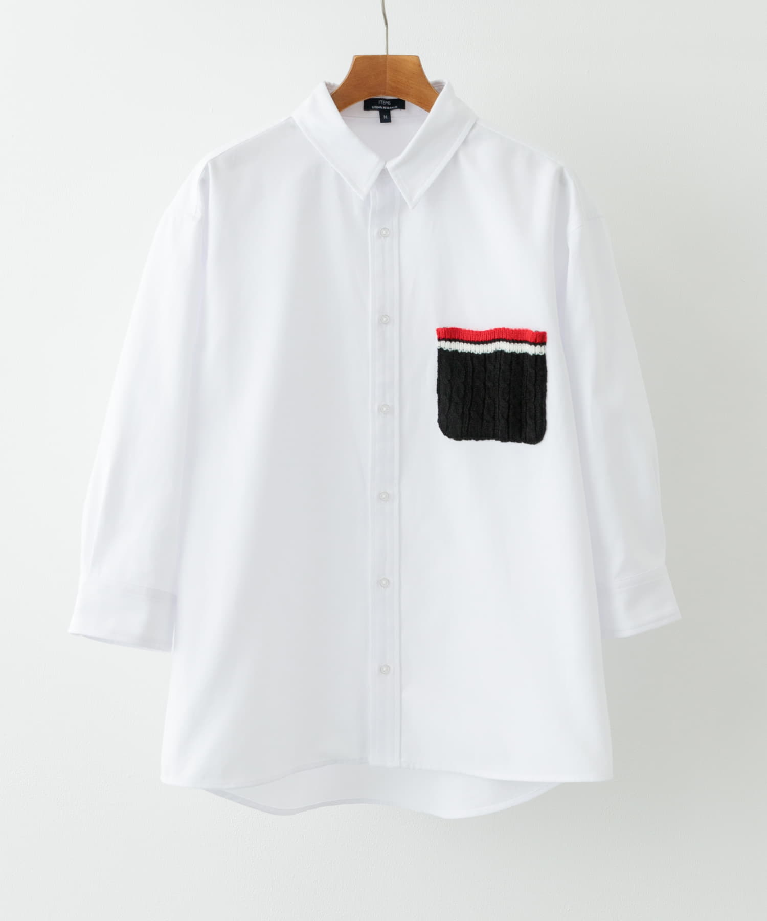 ニットポケット切替オックス7分袖シャツ WHT M