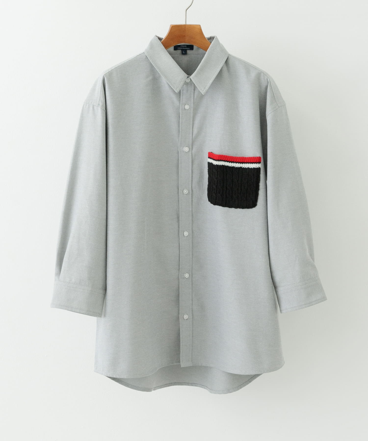 ニットポケット切替オックス7分袖シャツ BLK M