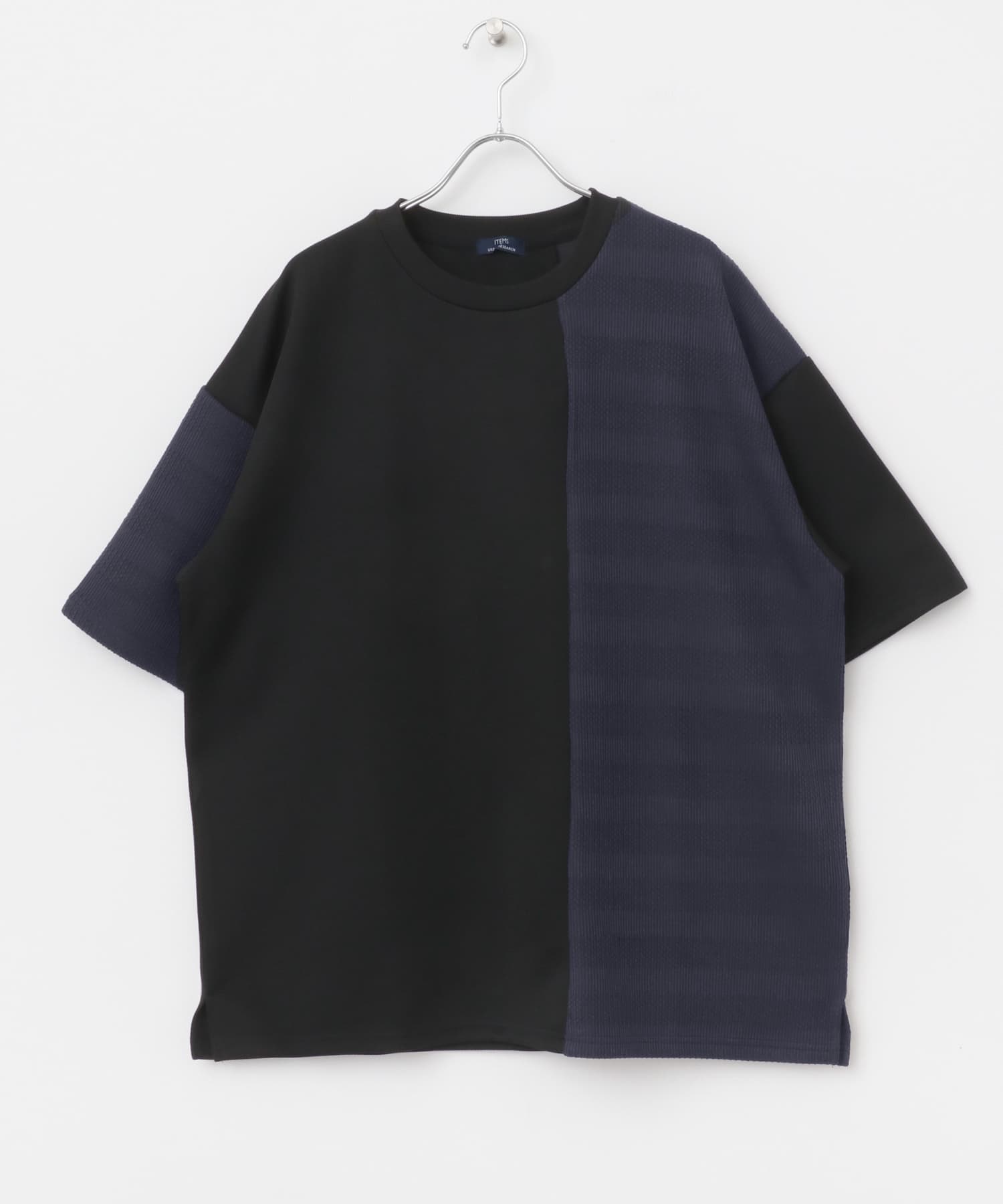 クルーネックジャカード切替トップス BLK M