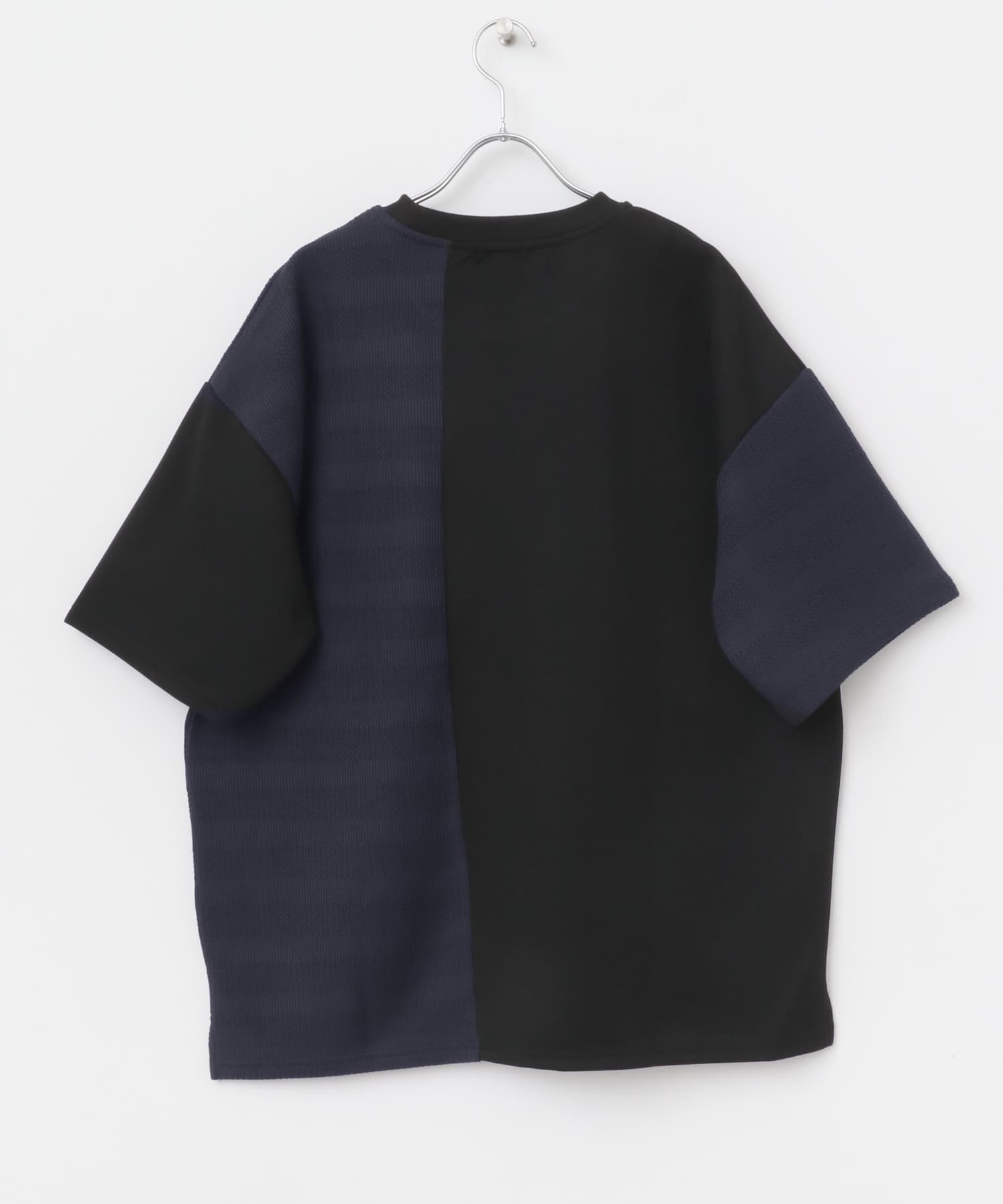 クルーネックジャカード切替トップス BLK M