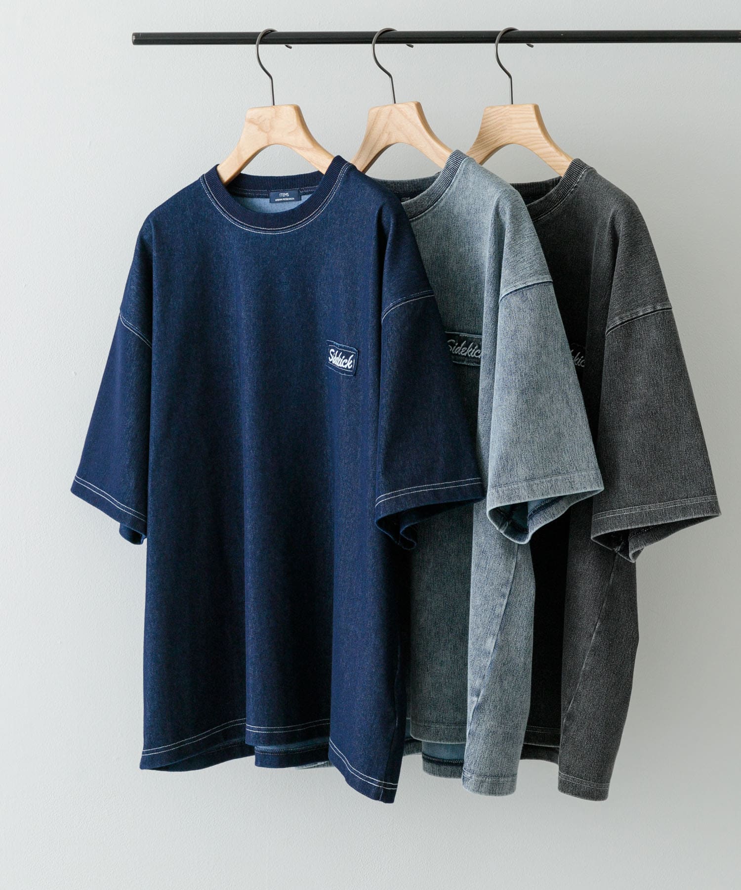 ワンポイント刺繍クルーネックデニムTシャツ NVY L