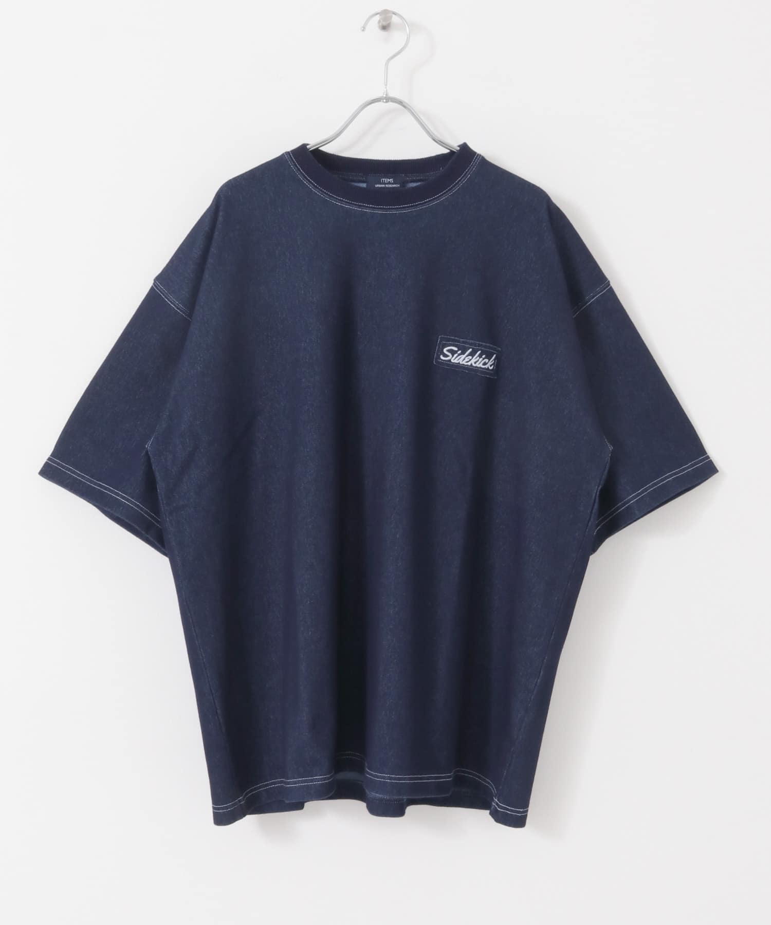 ワンポイント刺繍クルーネックデニムTシャツ NVY M