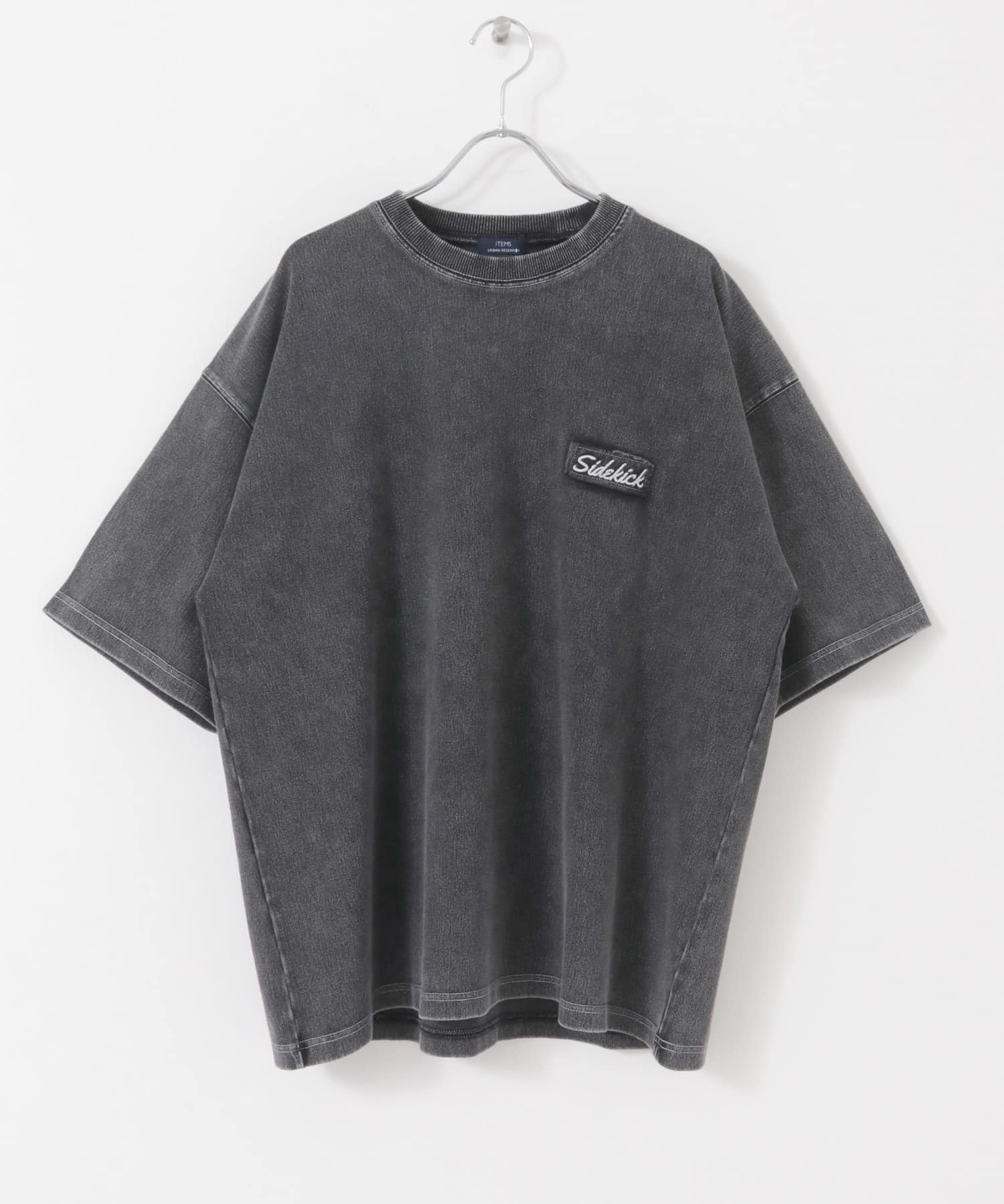 ワンポイント刺繍クルーネックデニムTシャツ BLK M