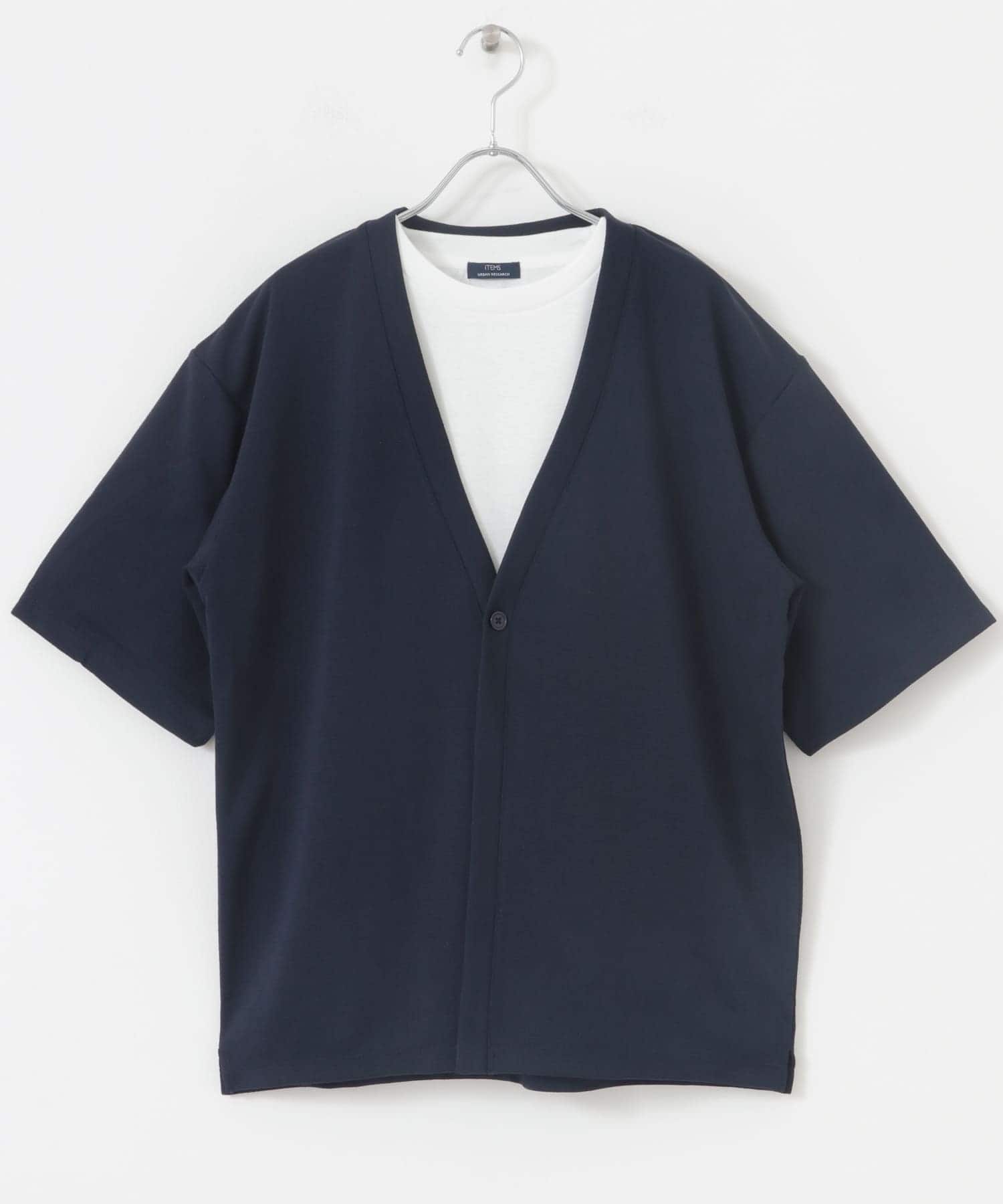 ジャガード5分袖カーディガン+ポンチTシャツセット NVY M