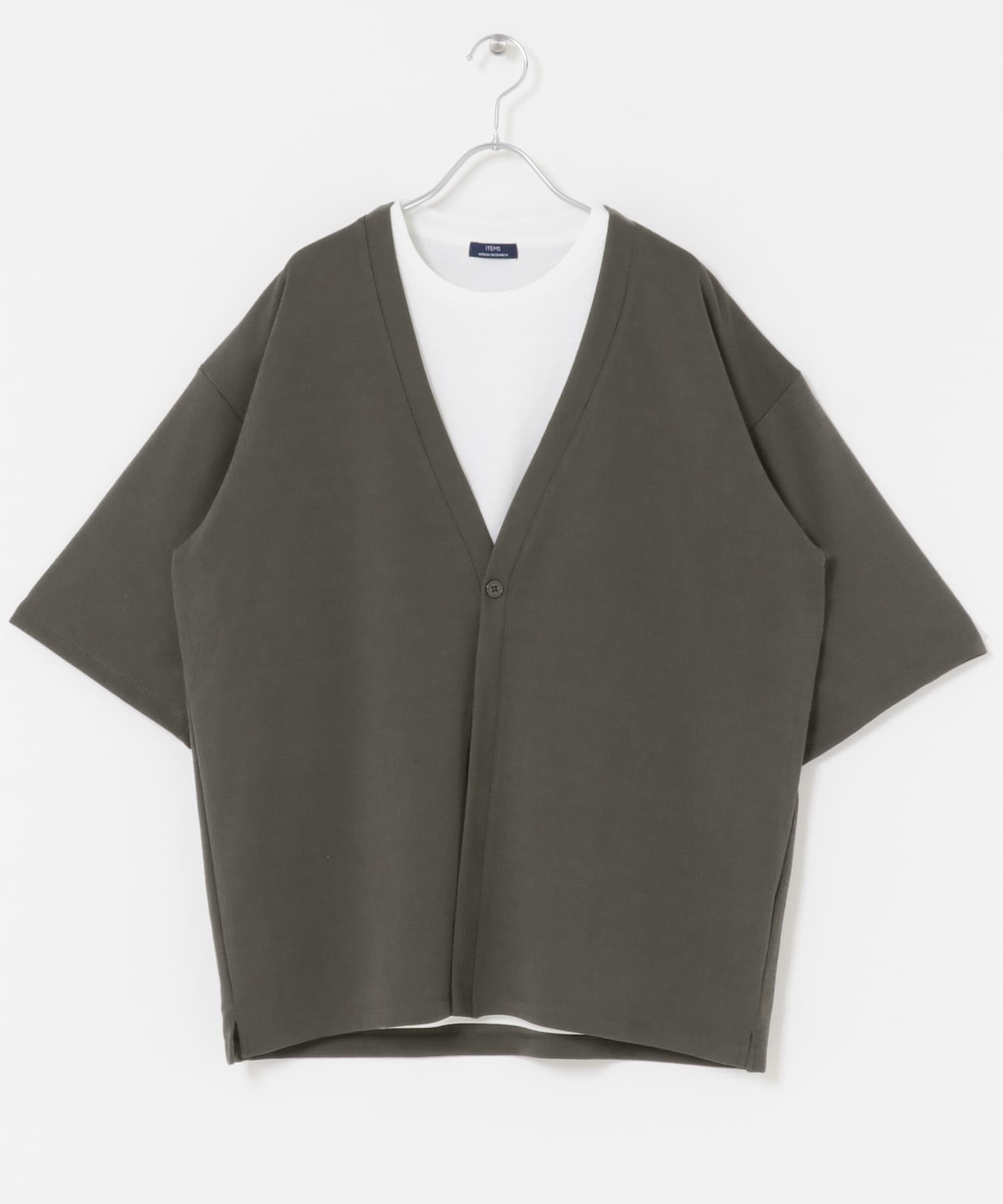ジャガード5分袖カーディガン+ポンチTシャツセット GRY M