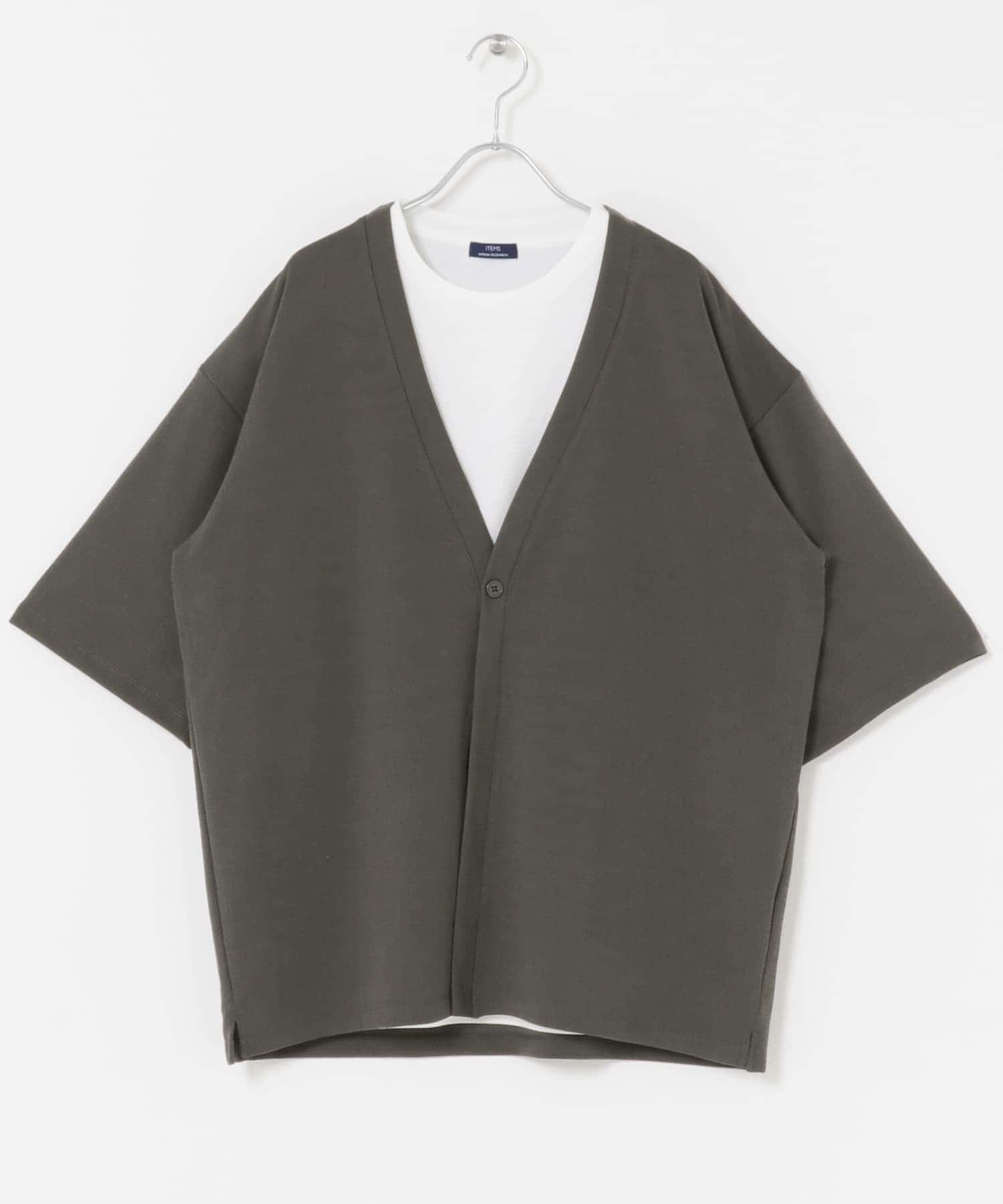 ジャガード5分袖カーディガン+ポンチTシャツセット GRY M