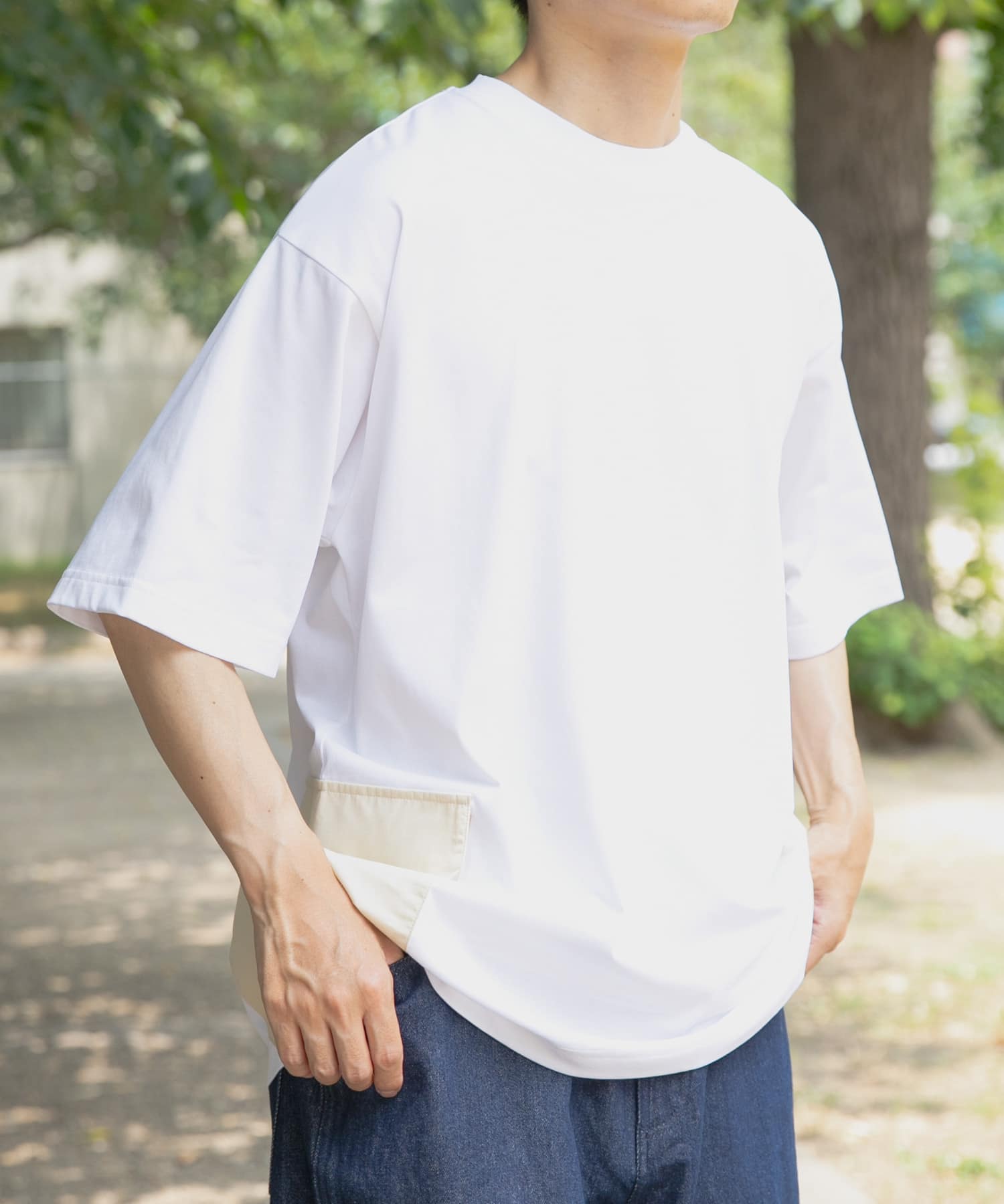 サイドポケットキリカエクルーネックTシャツ