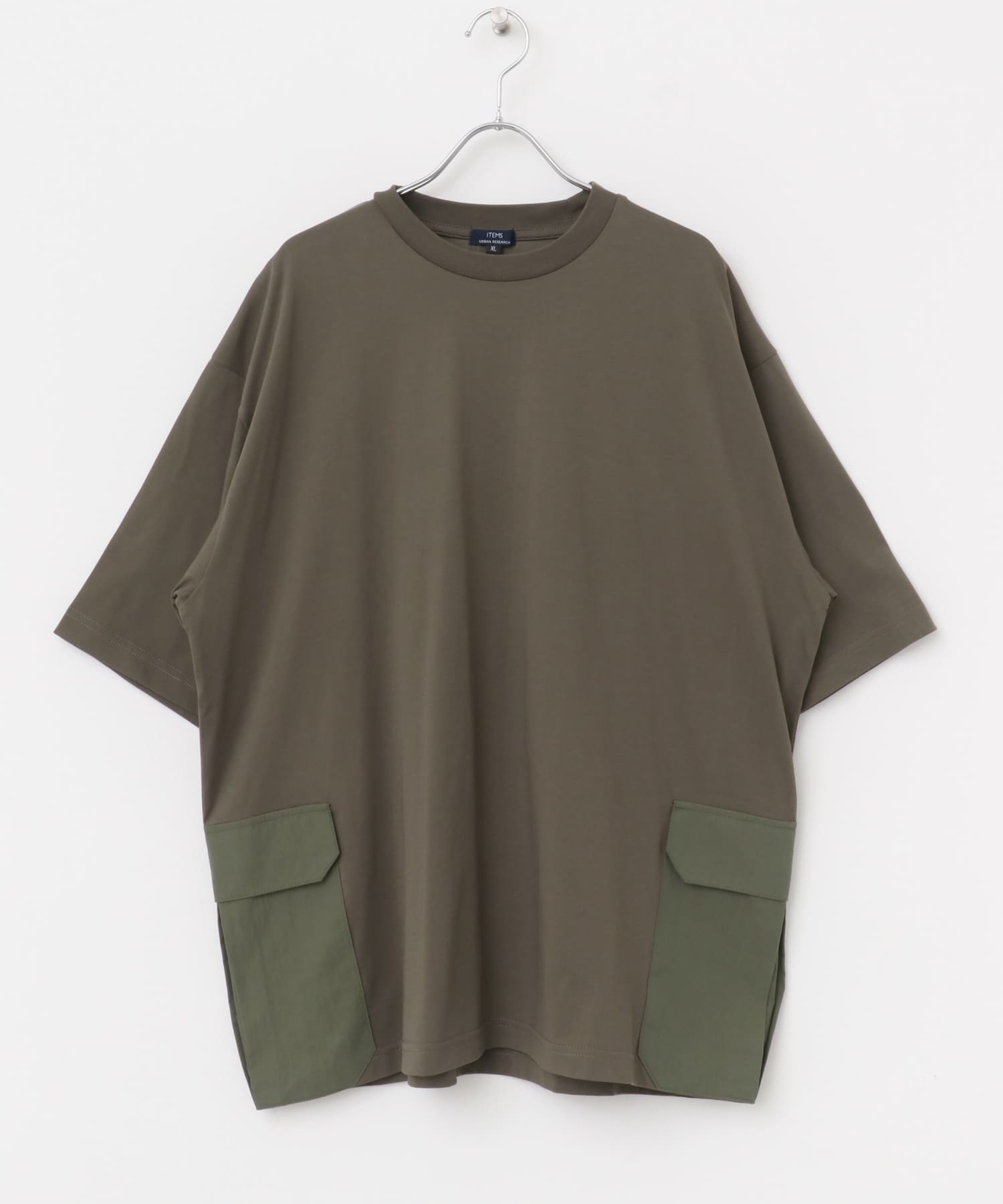 サイドポケットキリカエクルーネックTシャツ KHK M