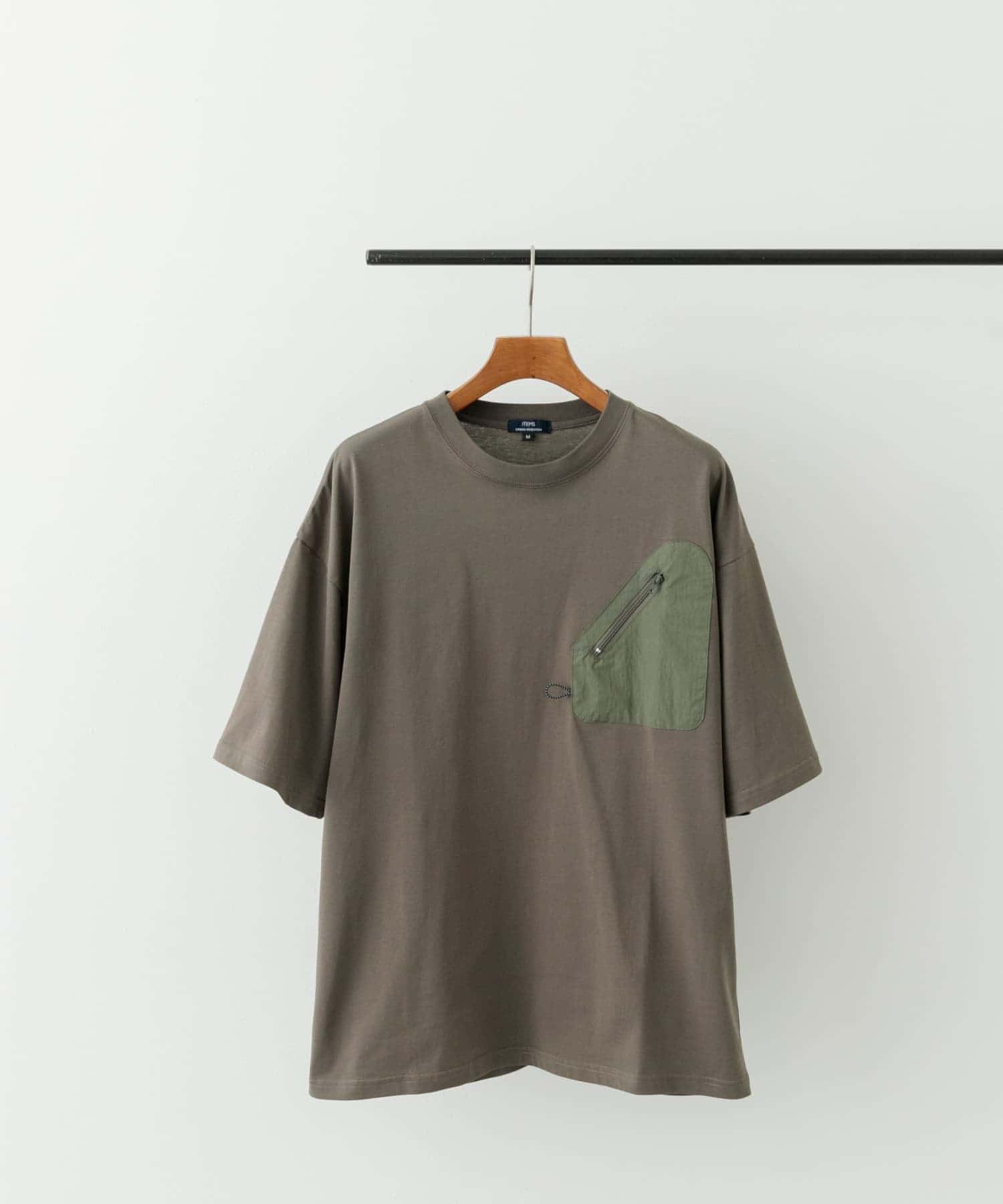 ジップポケットキリカエクルーネックTシャツ KHK M