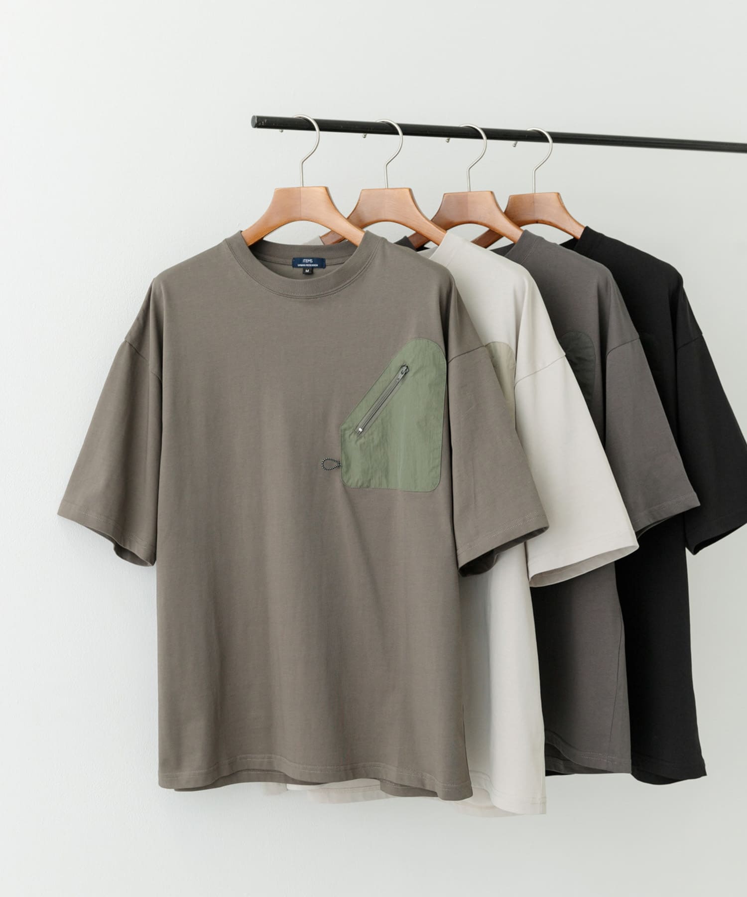 ジップポケットキリカエクルーネックTシャツ KHK L