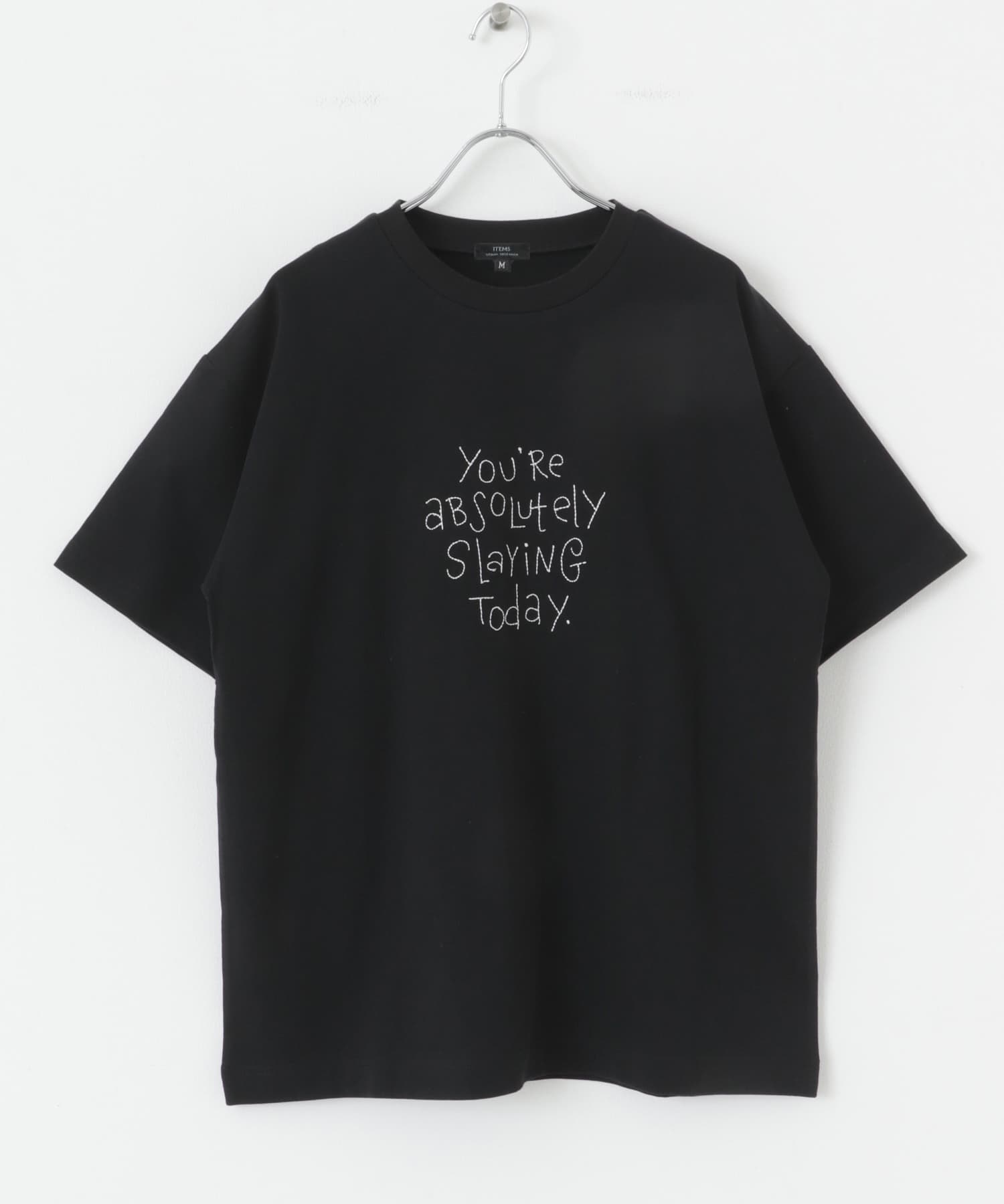 レタード刺繍Tシャツ slaying today BLK M