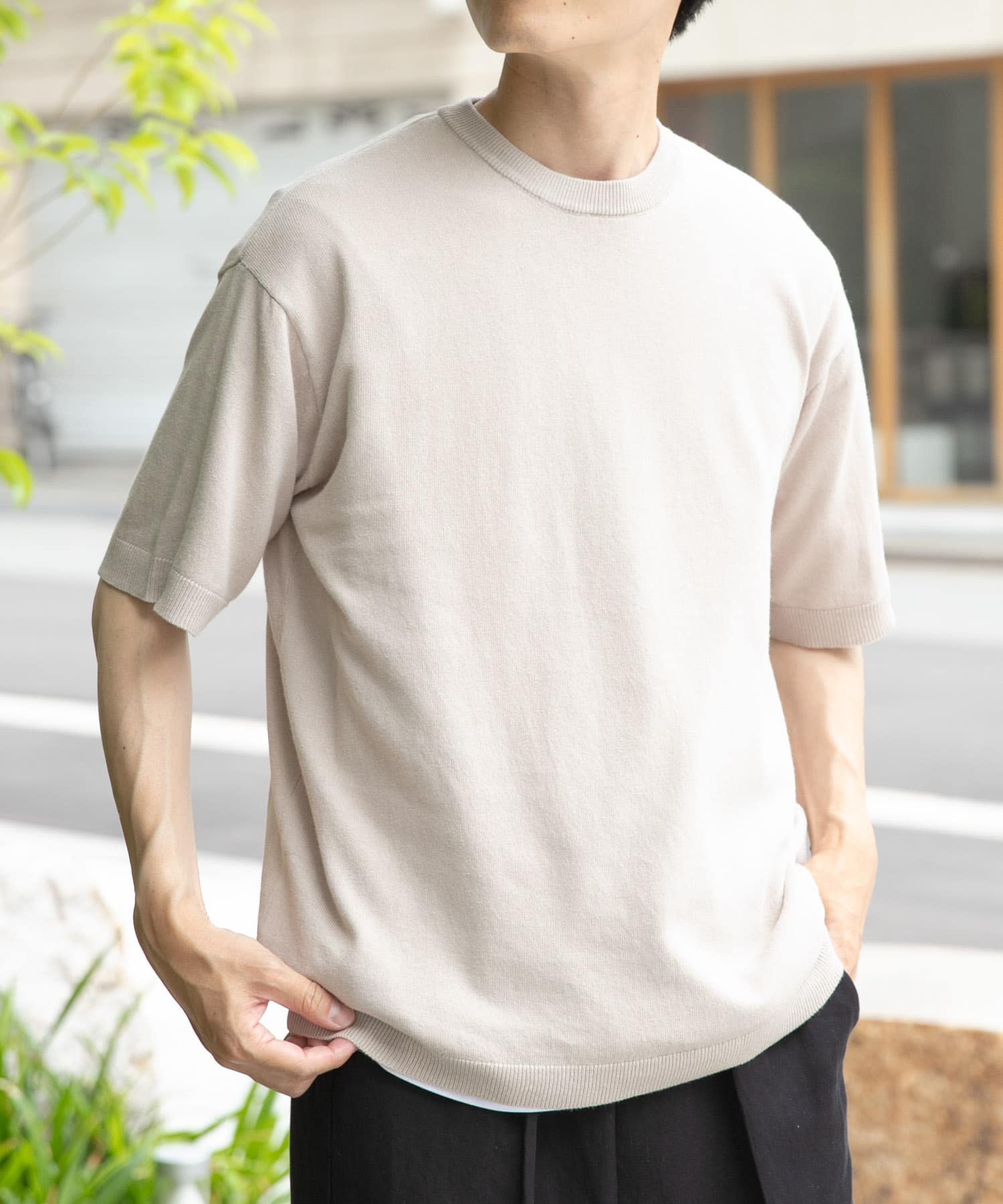 コットンリネンクルーネックサマーニット