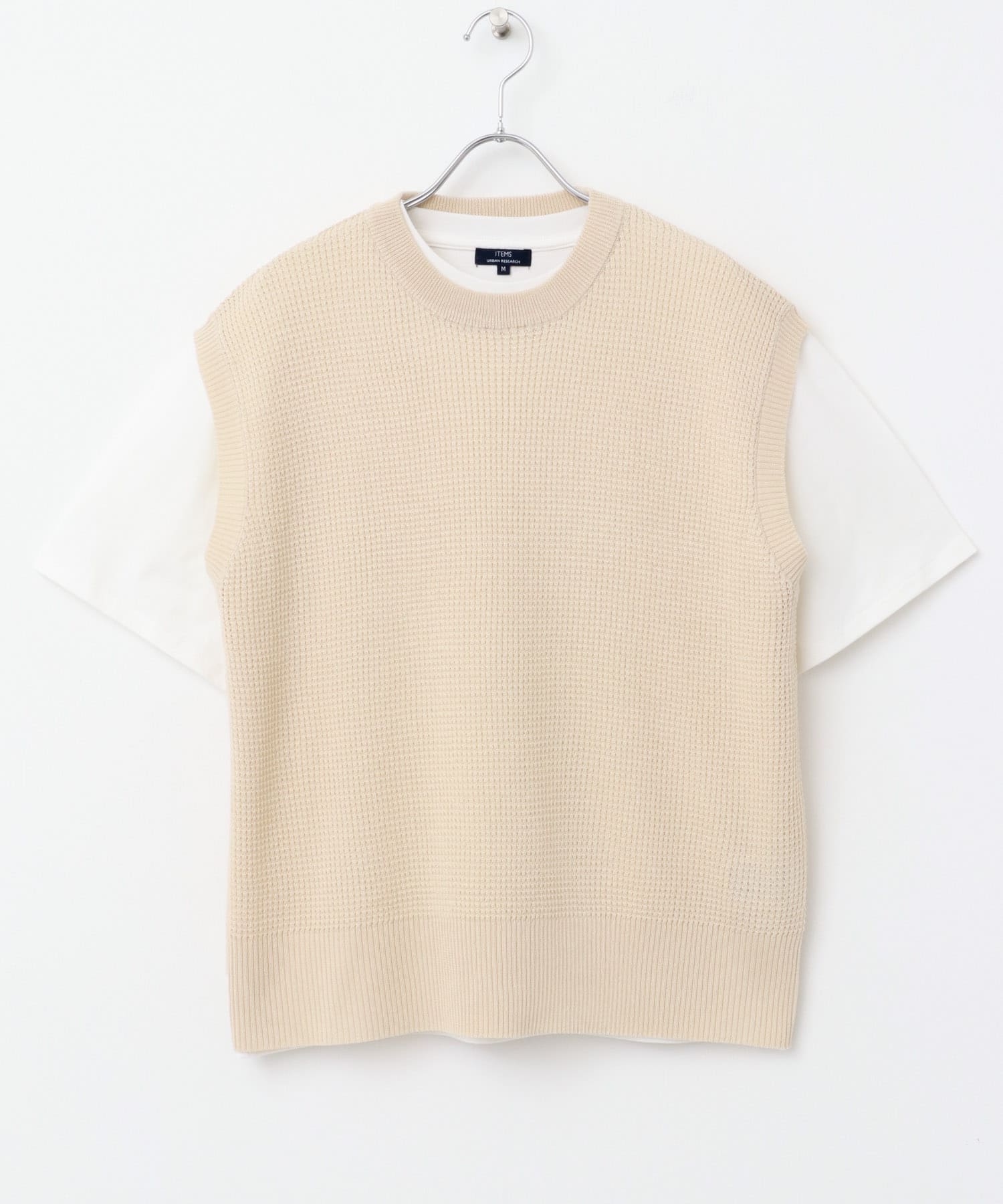 ワッフルニットベスト+Tシャツセット BEG M