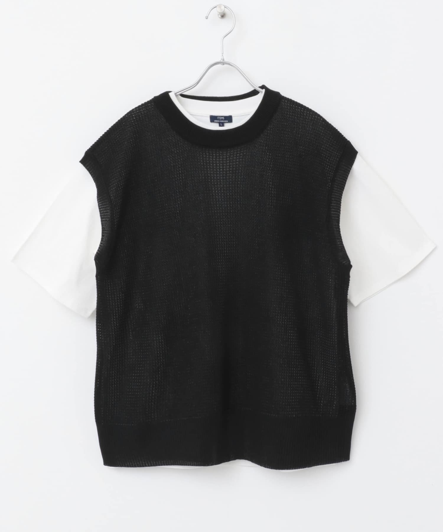 ワッフルニットベスト+Tシャツセット BLK M