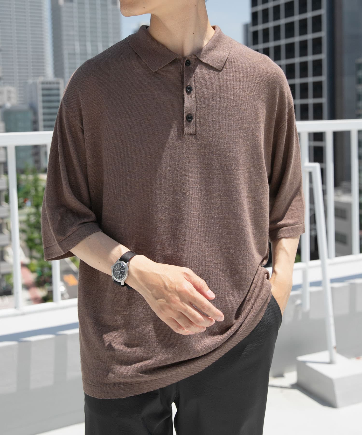 レーヨンリネン半袖ニットポロ