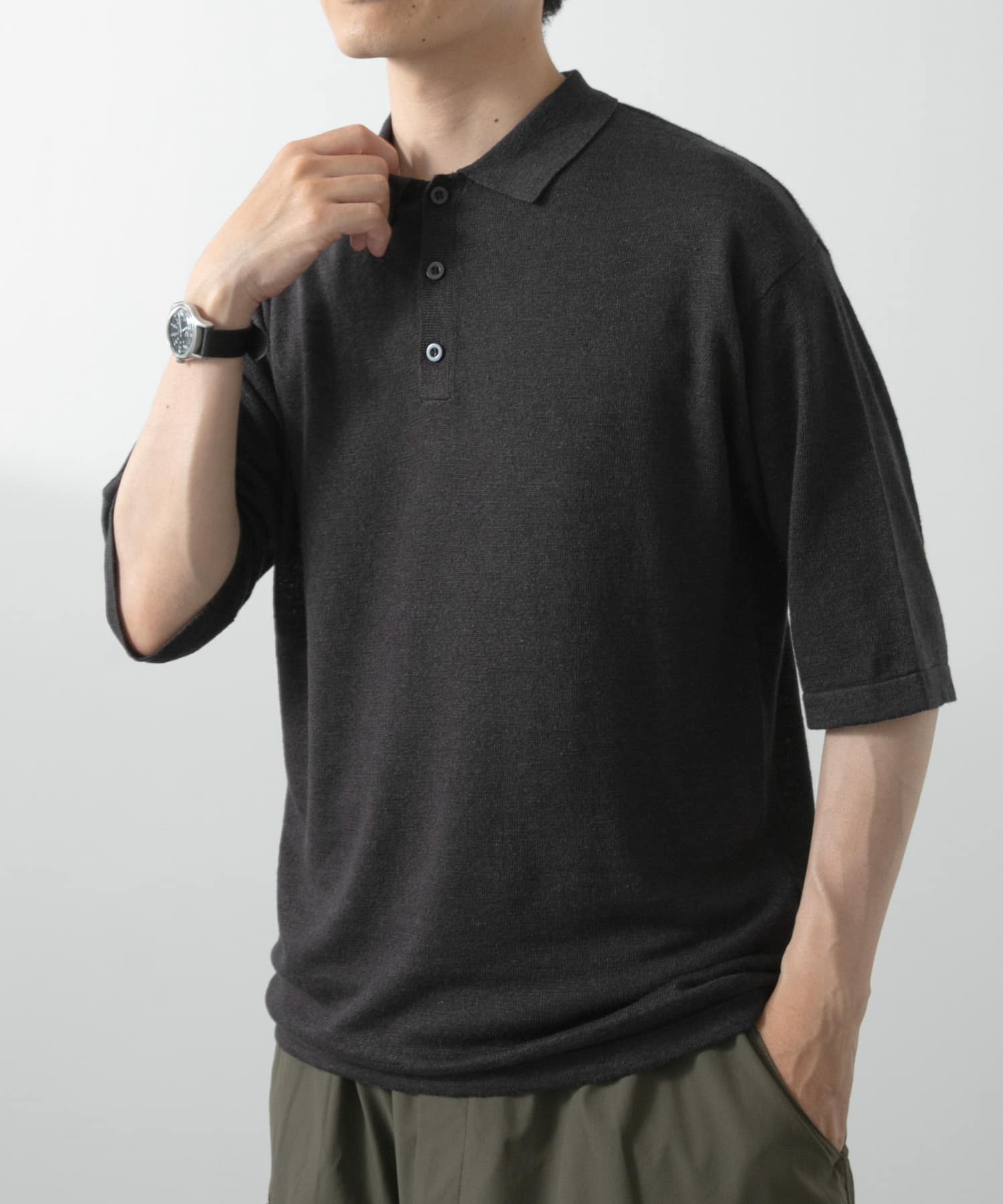 レーヨンリネン半袖ニットポロ