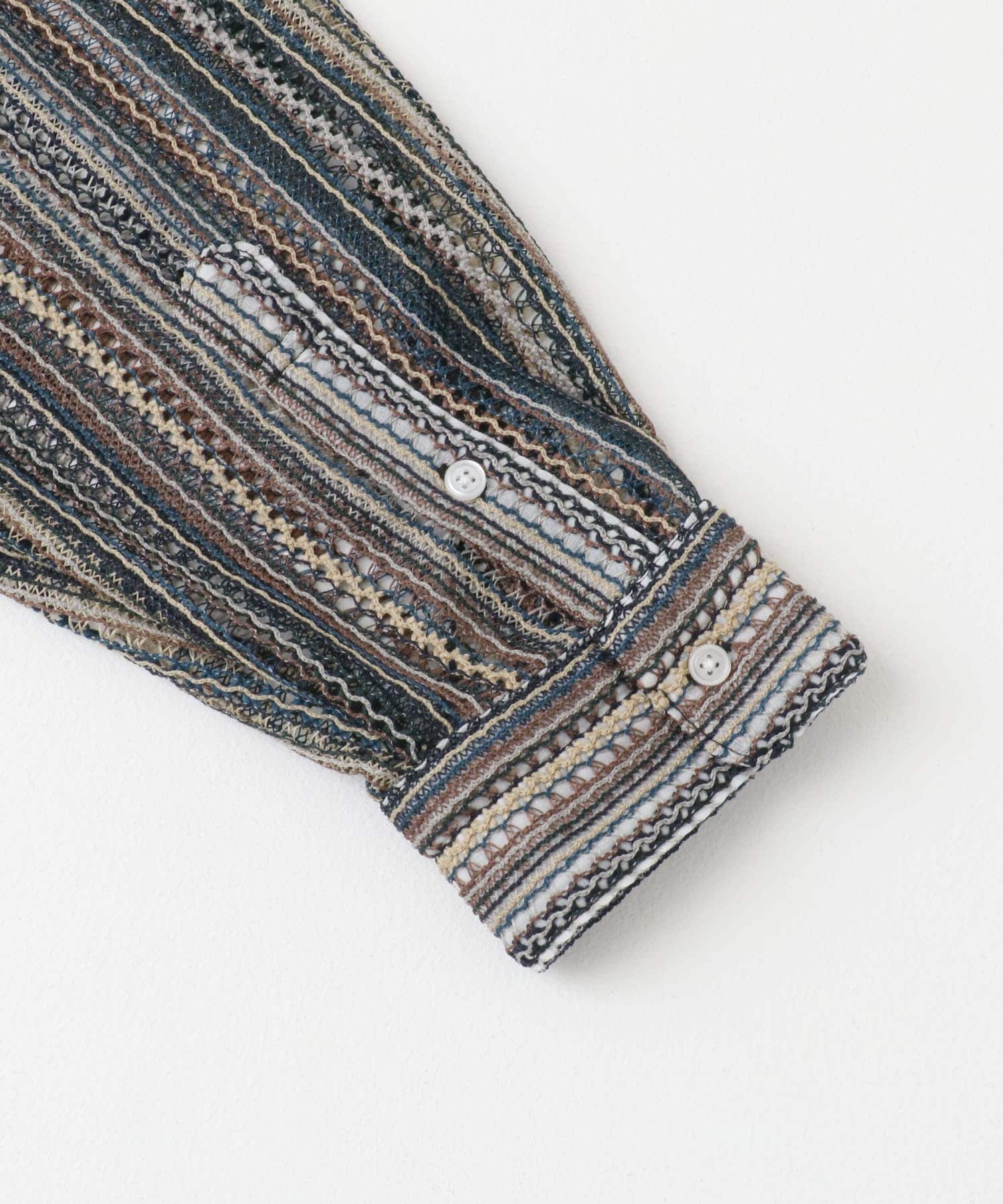 マルチストライプレースオープンカラーシャツ GRN M