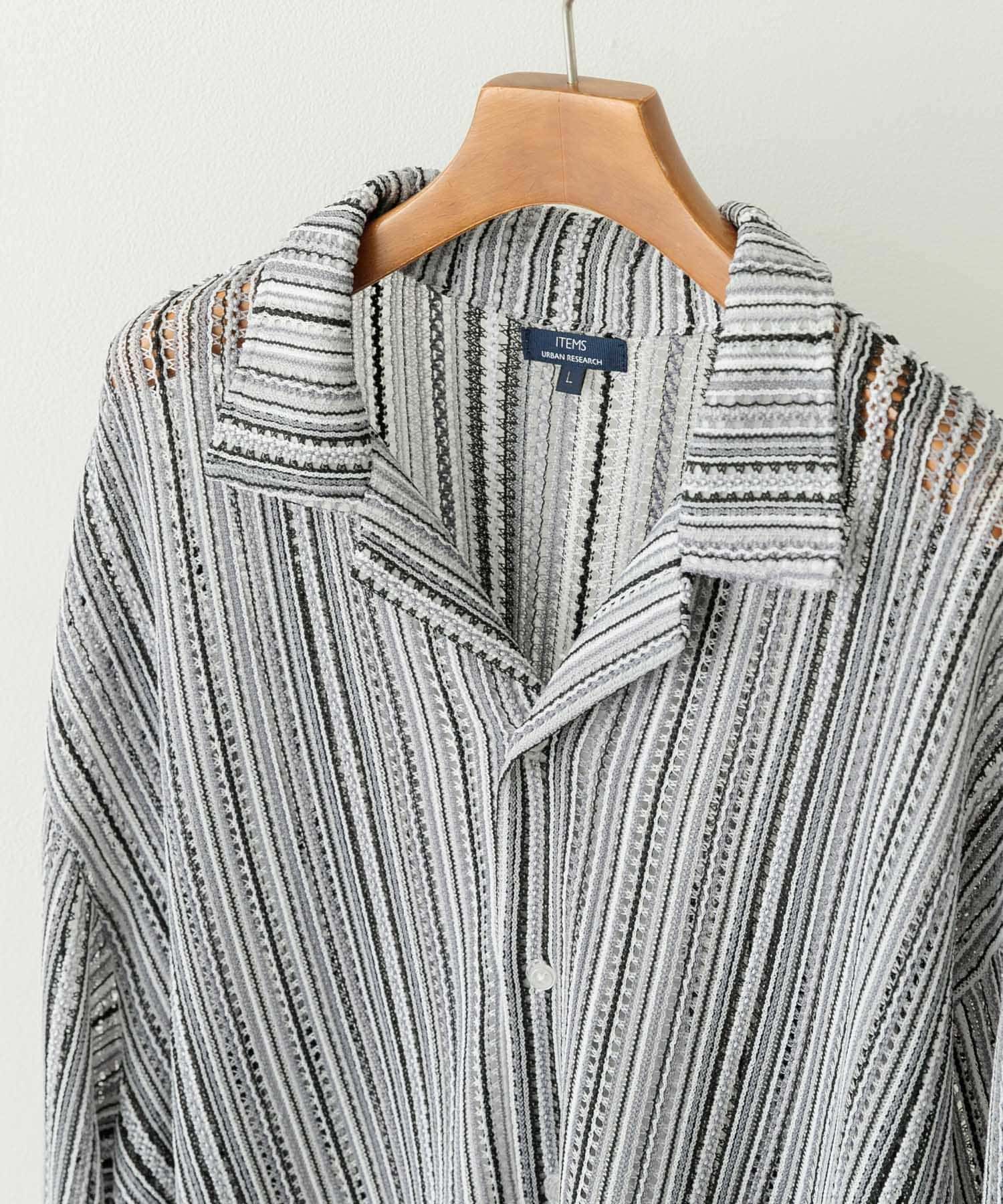 マルチストライプレースオープンカラーシャツ BLK M