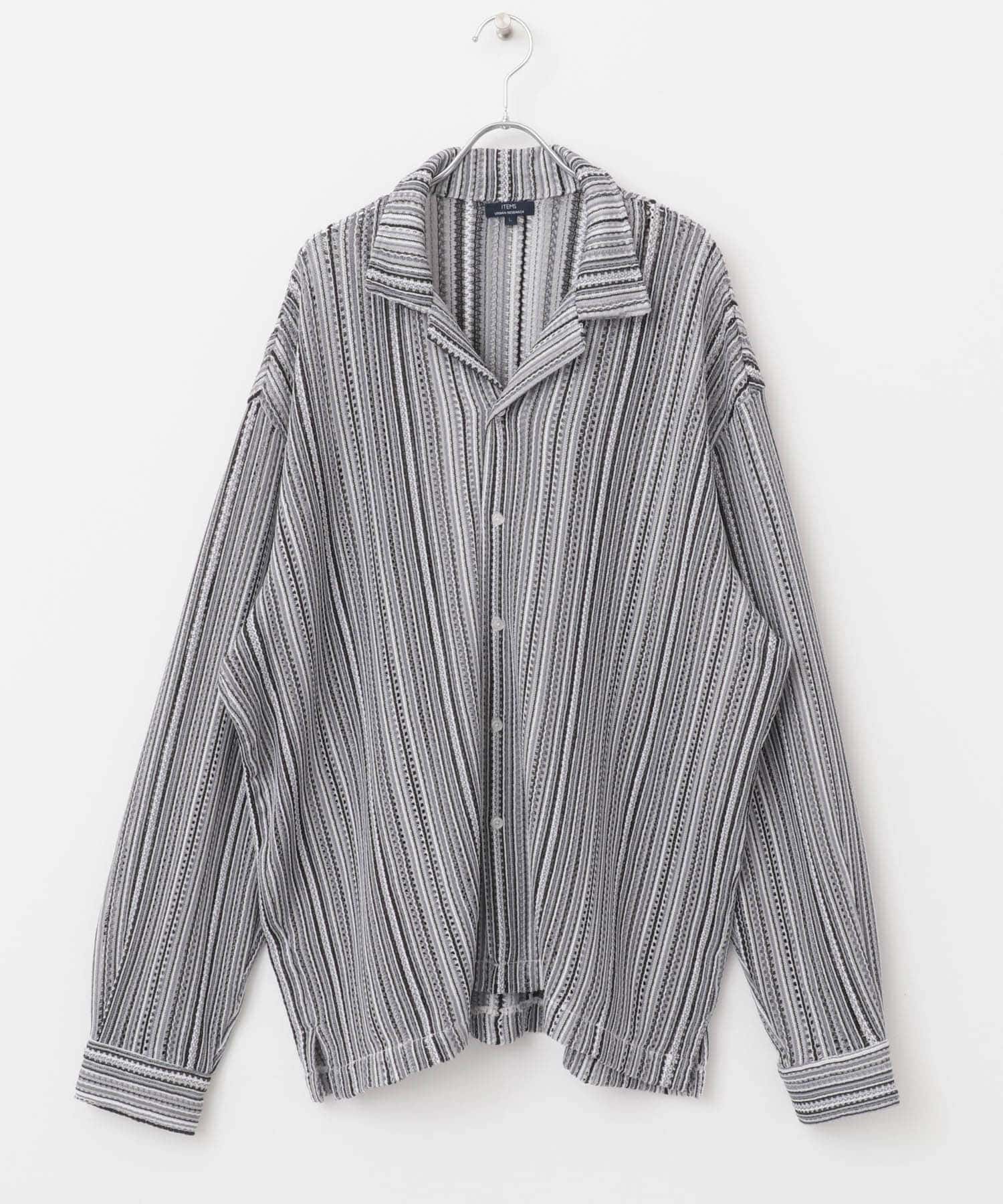 マルチストライプレースオープンカラーシャツ BLK M