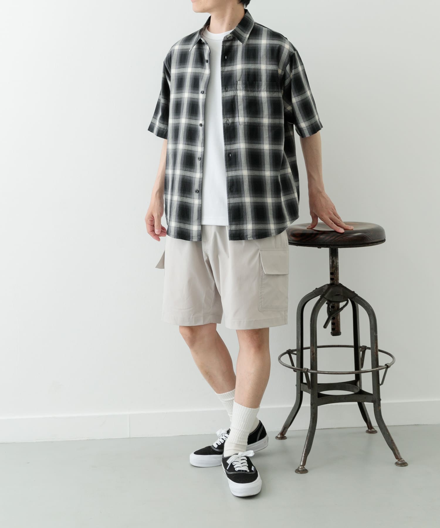 オンブレチェックショートスリーブシャツ BLK M
