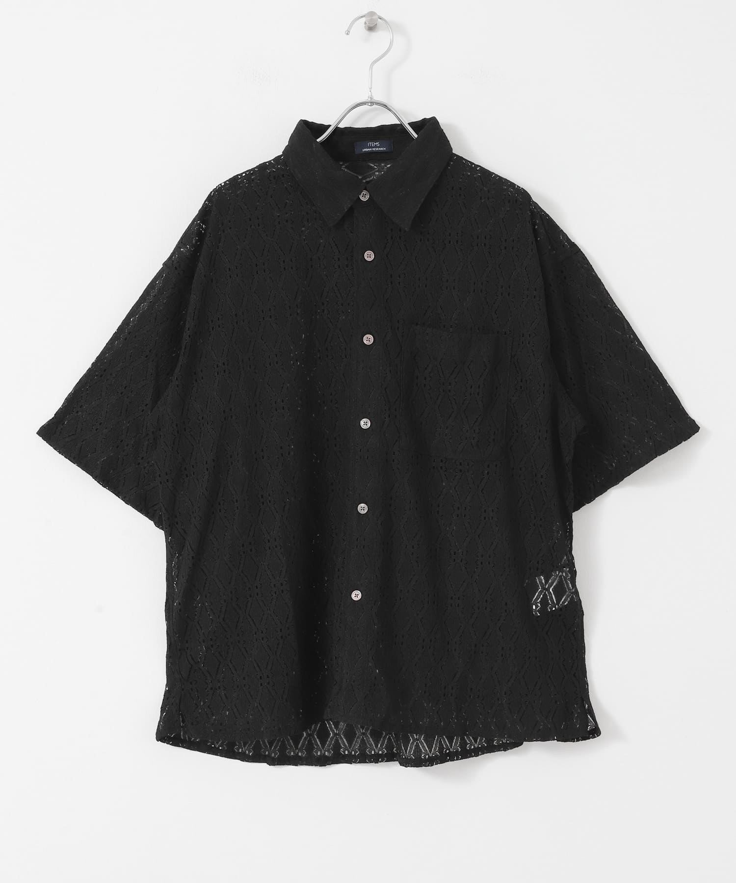 レギュラーカラーレース半袖シャツ BLK M