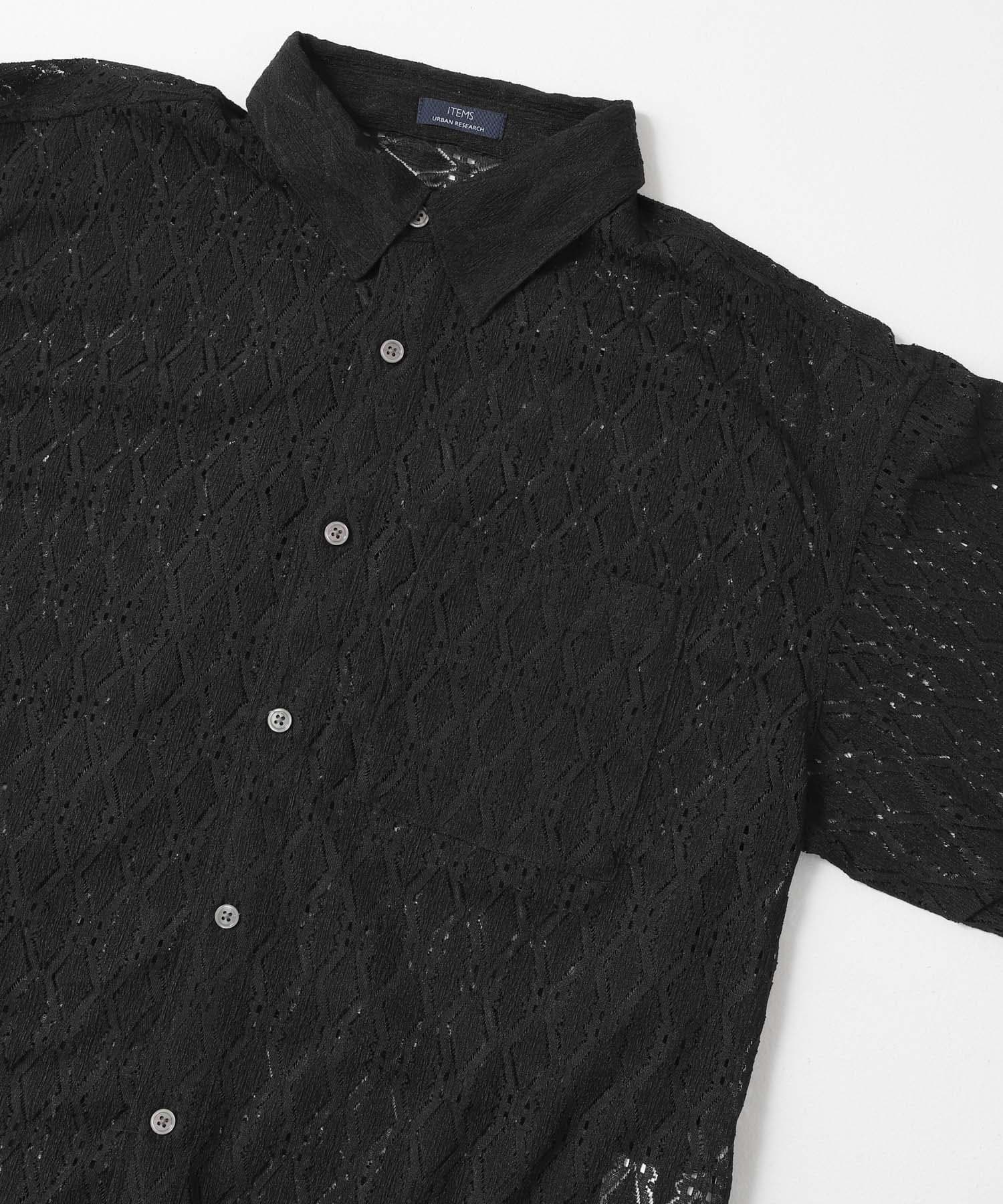 レギュラーカラーレース半袖シャツ BLK M
